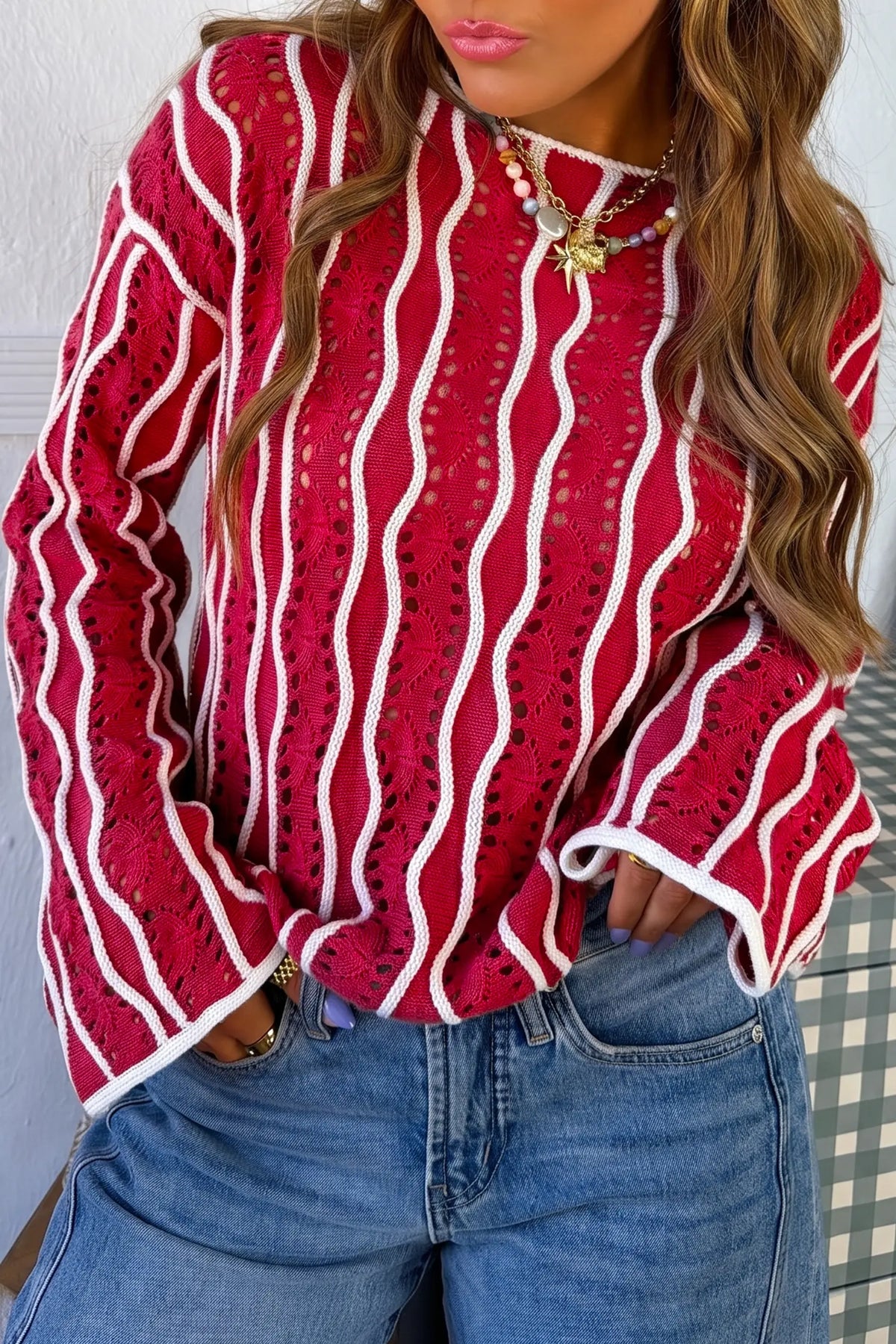 Knit Cotton Pullover Sweater with Wavy Eyelet Detail