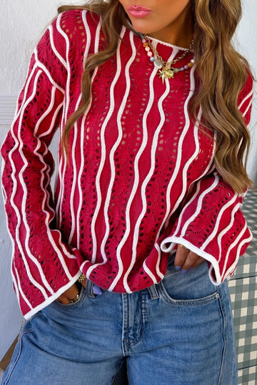 Knit Cotton Pullover Sweater with Wavy Eyelet Detail