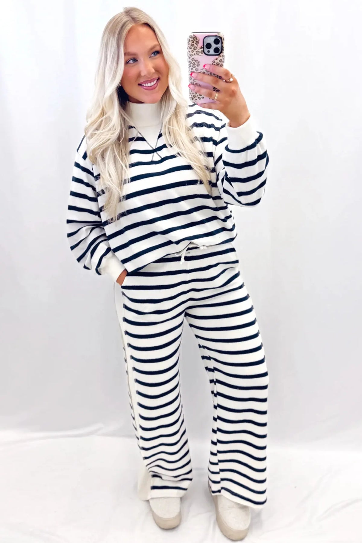 Striped Ribbed Cuff Collar Pocket Loose Pant Set – Blue Stripe