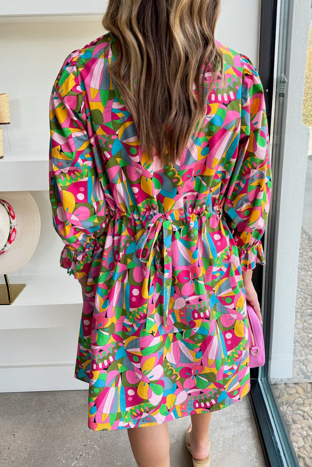 Pink Abstract Printed Lantern Sleeve Buttoned Mini Dress eAura