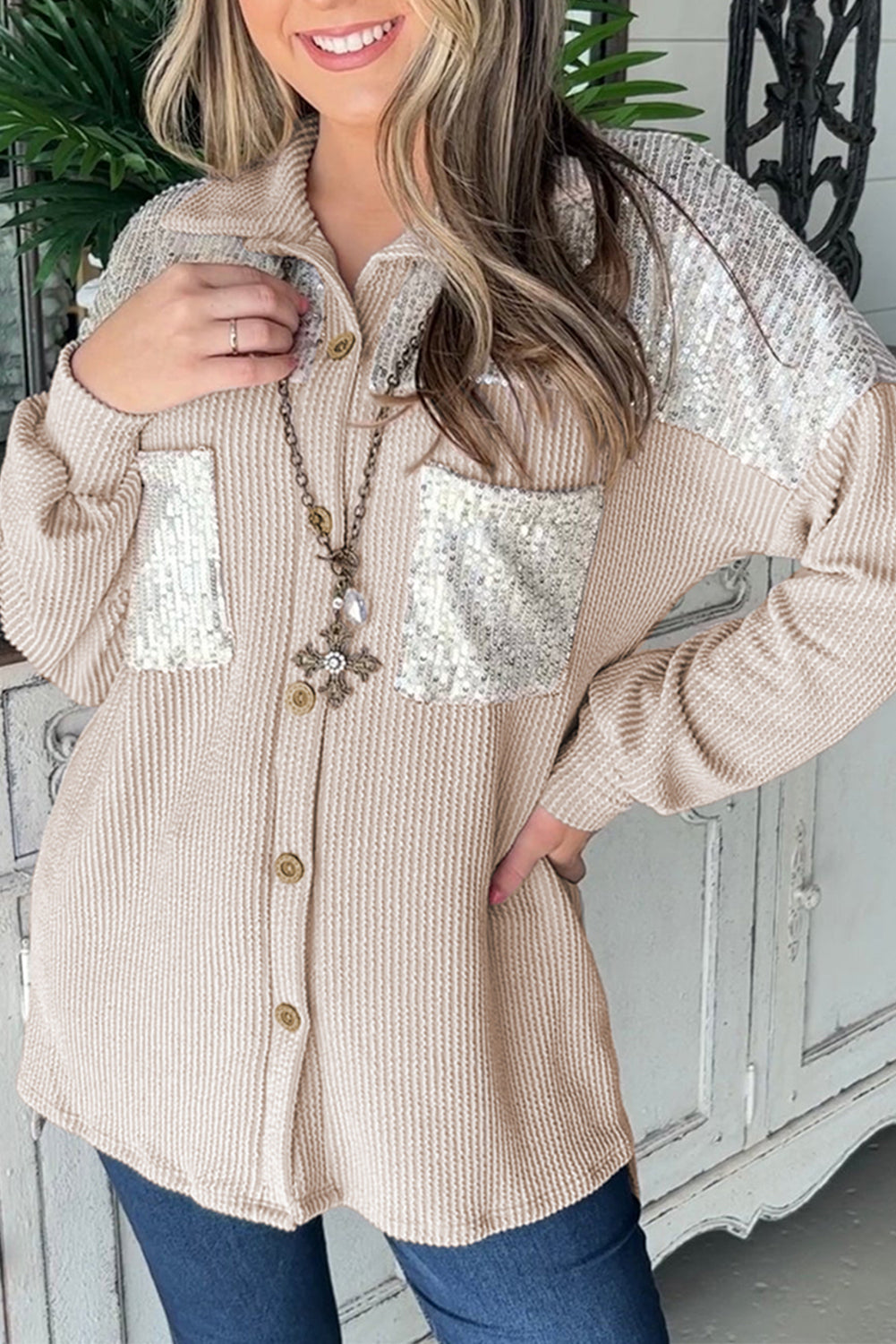 Parchment Sequin Patch Chest Pocket Corduroy Shacket eAura