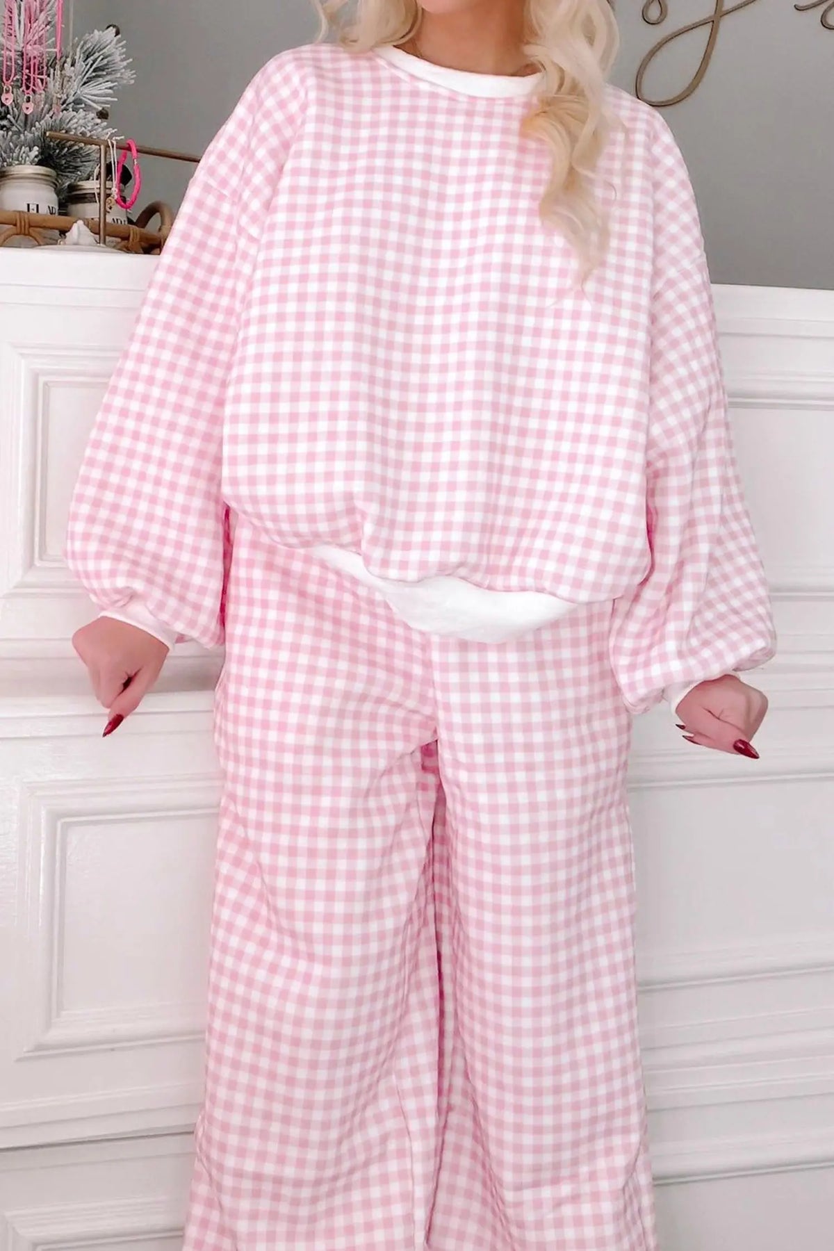 Plaid Long Sleeve Two Piece Pant Set – Pink