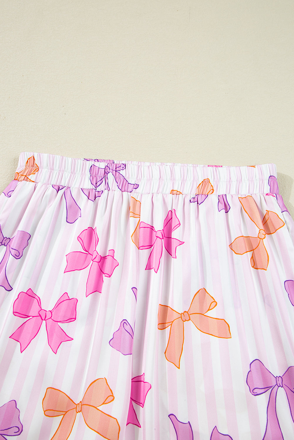 Pink Striped Bow Print Contrast Piping Trim Shirt and Bottoms Pyjama Set