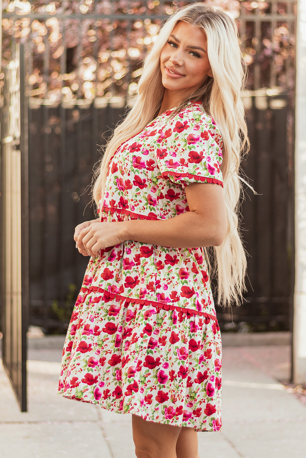 Puff Sleeve Tiered Ric Rac Pocketed Mini Dress eAura