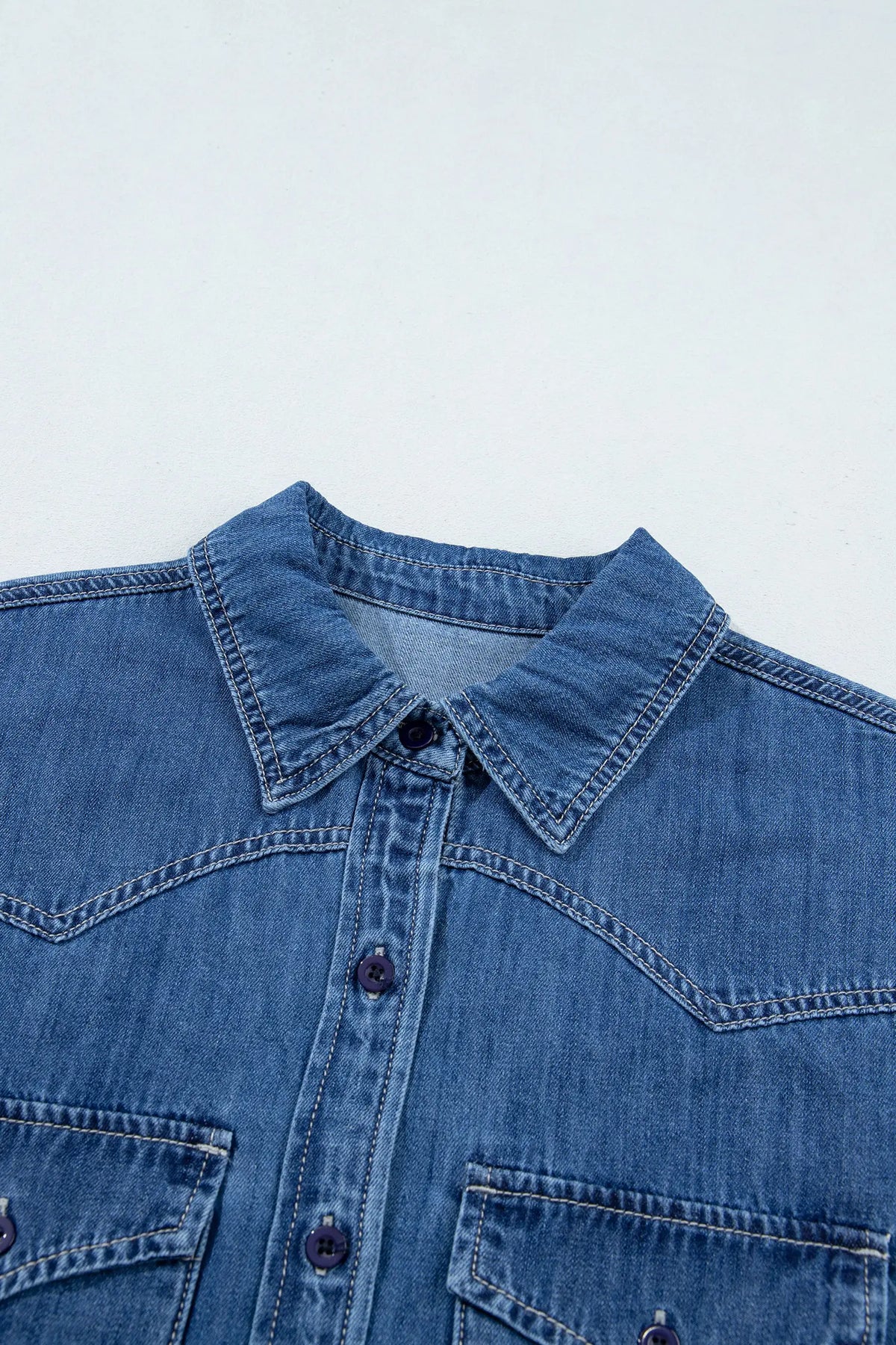 Western Patch Pockets Tunic Length Long Sleeve Denim Shirt – Sail Blue