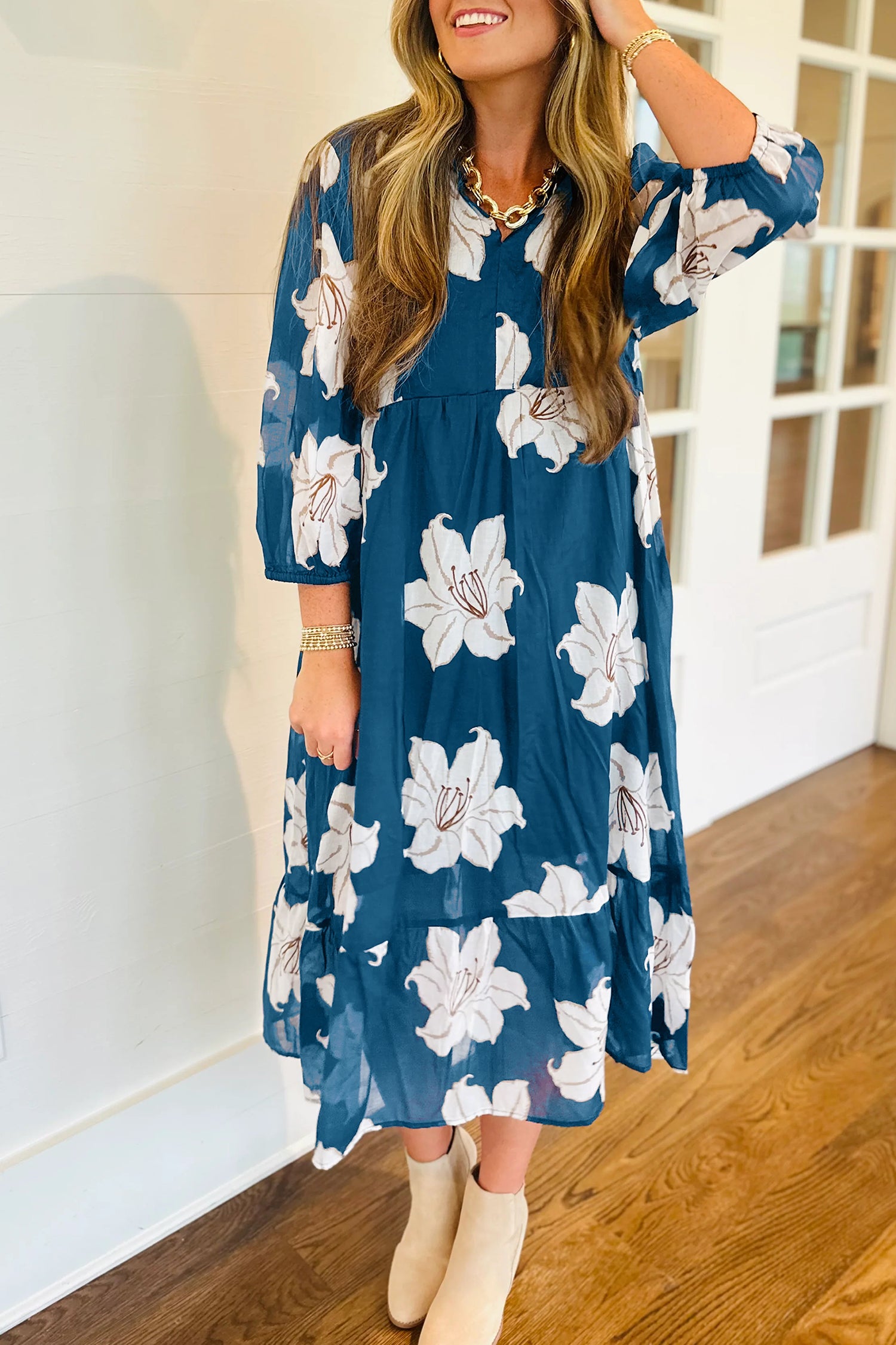 Floral Print Shirt Collar V-Neck 3/4 Sleeve Shift Midi Dress - Blue / S - Dresses/Midi Dresses