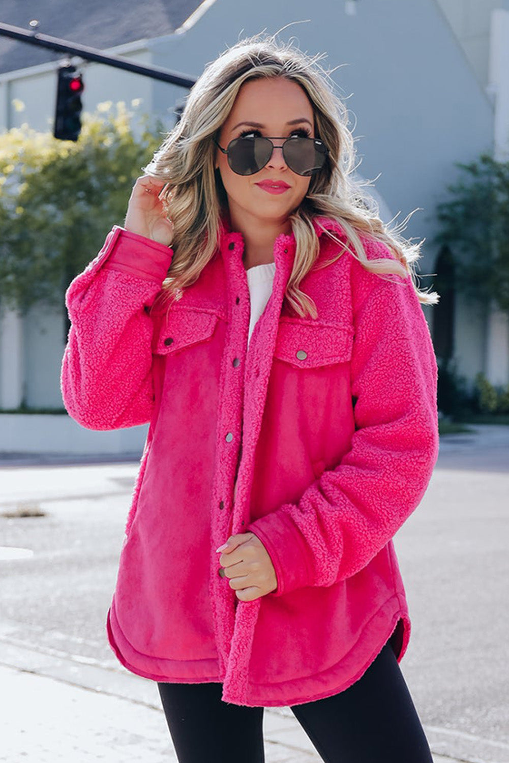 Bright Pink Faux Suede Sherpa Patchwork Button-up Shacket Beagle Boutique Fashion Outlet
