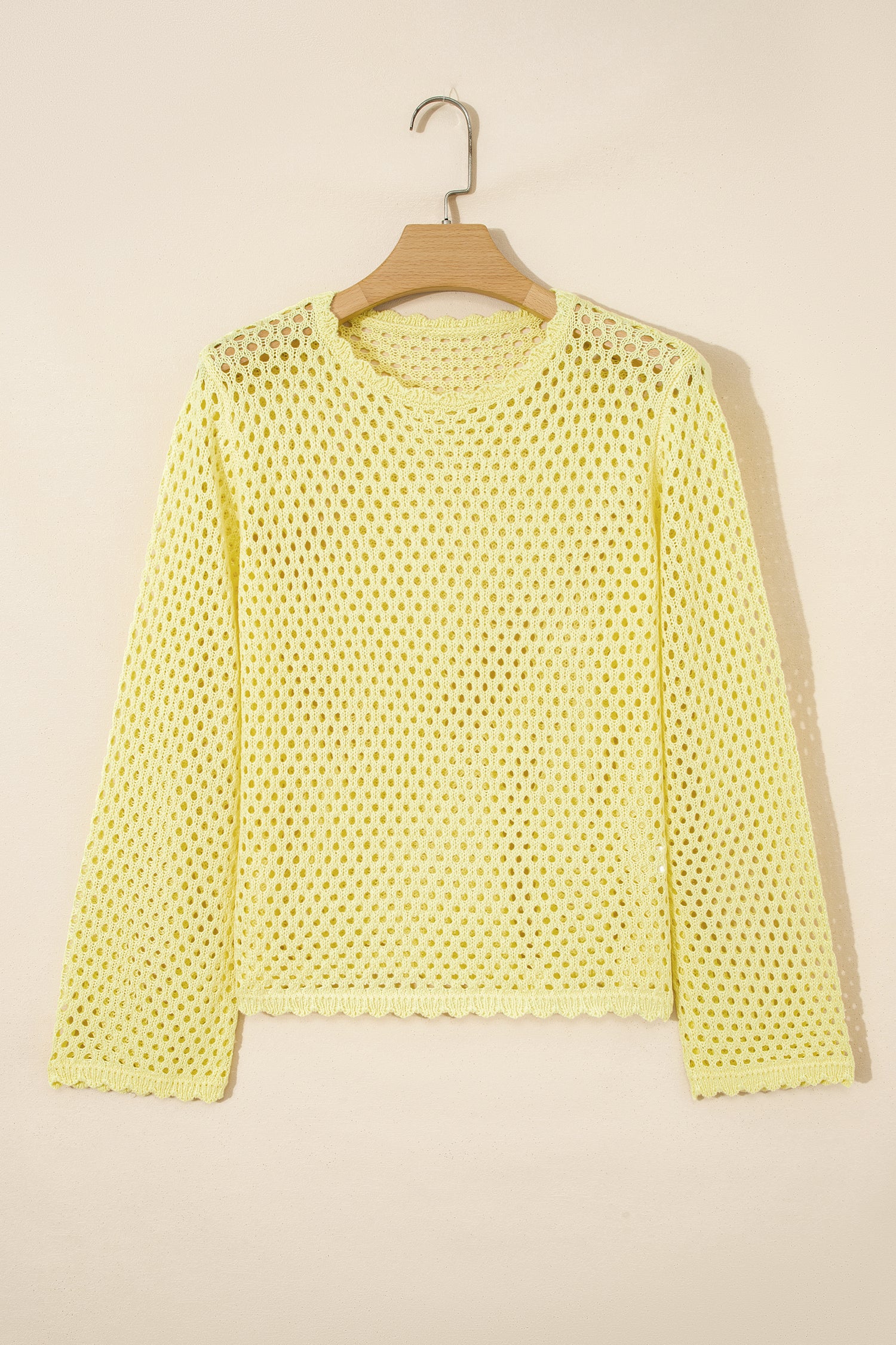 Scalloped Trim Hollow Out Knit Long Sleeve Top – Yellow Cream