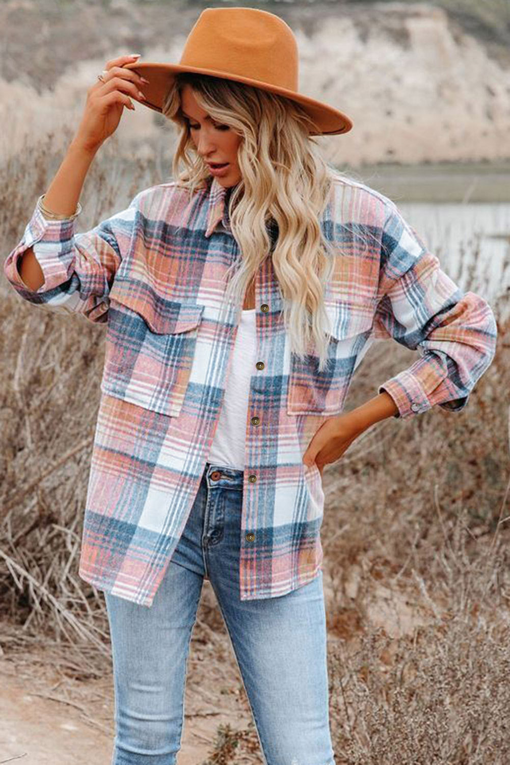 Pink Black/Pink Plaid Flap Pockets Shacket eAura