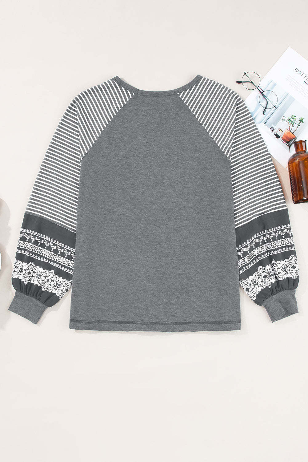 Contrast Print Striped Raglan Long Sleeve Loose Top - eAura