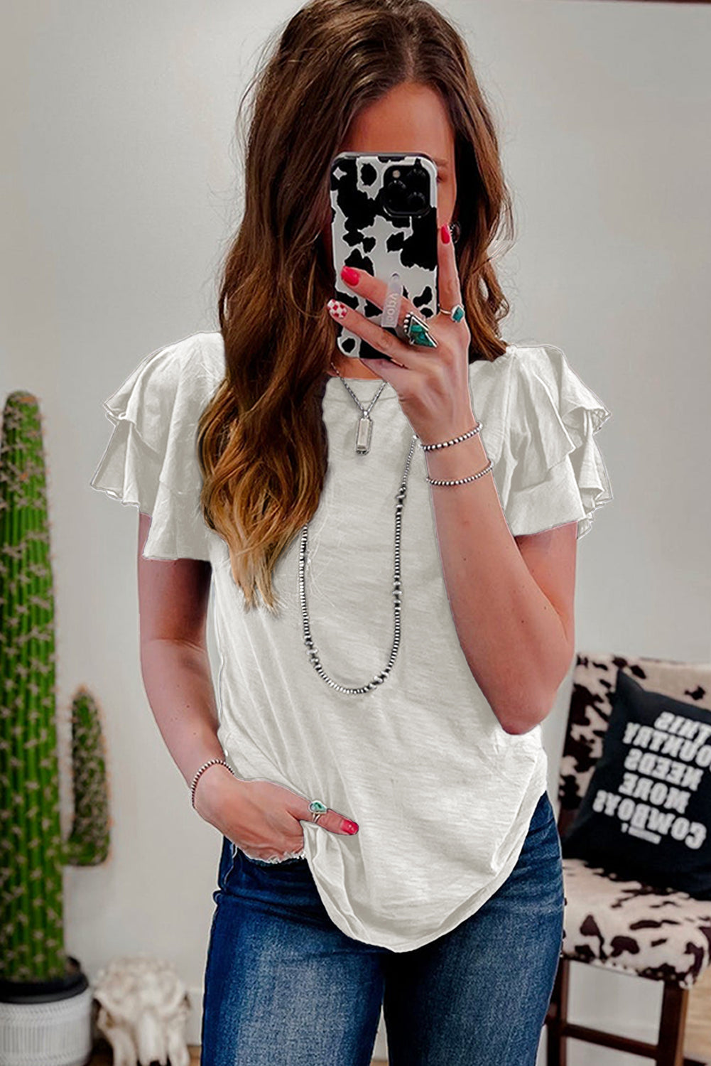 White Layered Ruffle Short Sleeve Round Neck Top eAura