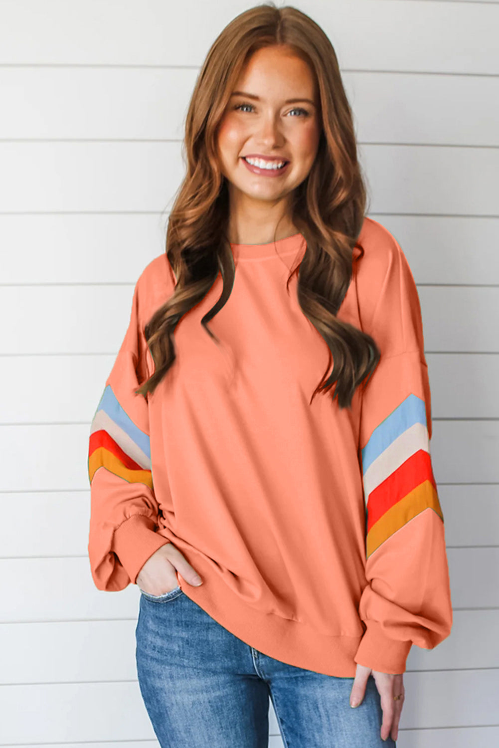 Flamingo Rainbow Striped Sleeve Crew Neck Loose Sweatshirt eAura
