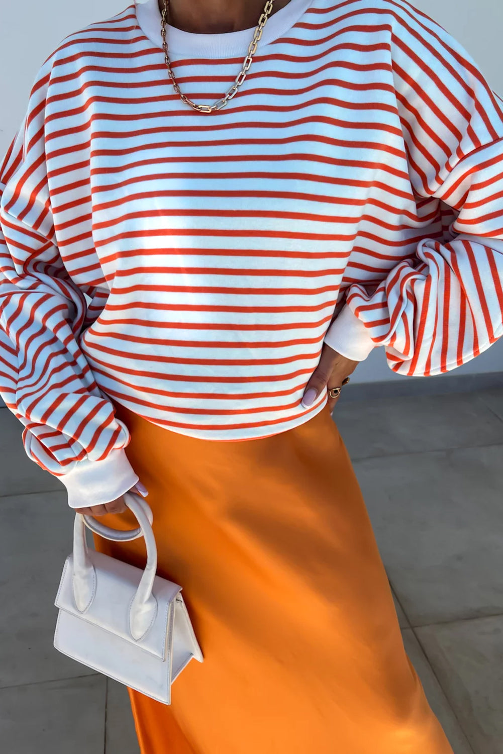 Orange Stripe Drop Shoulder Crew Neck Loose Sweatshirt eAura