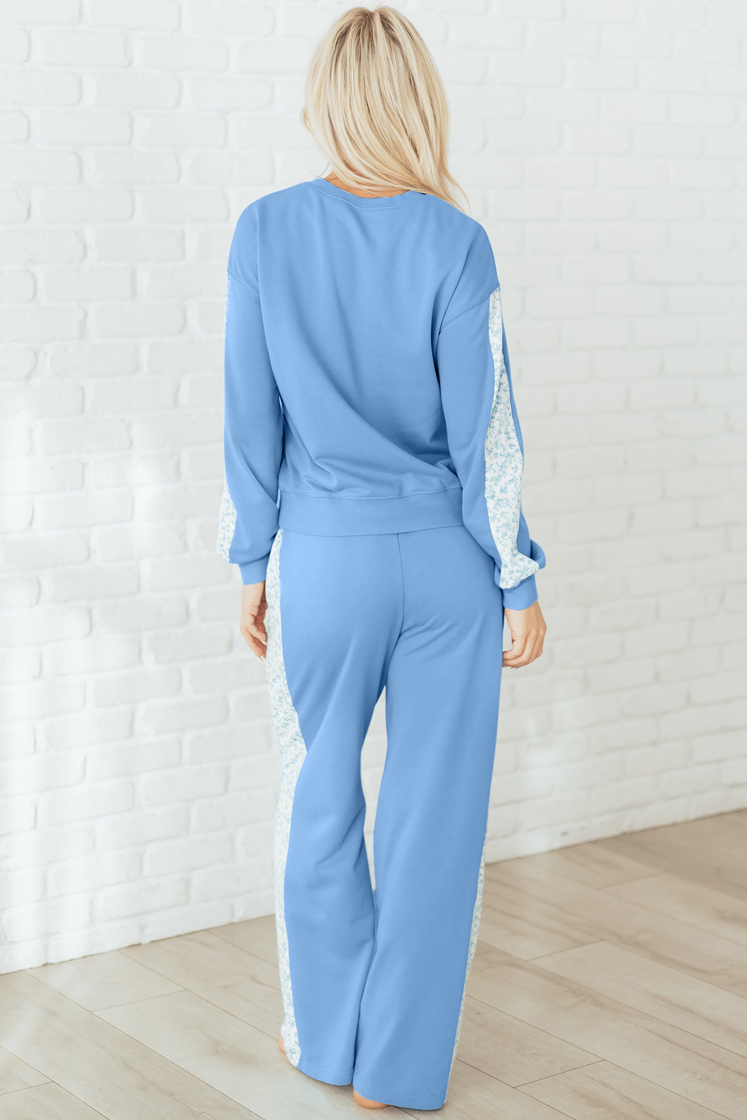 Floral Patchwork Drop Shoulder Pullover and Sweatpants Lounge Set - eAura