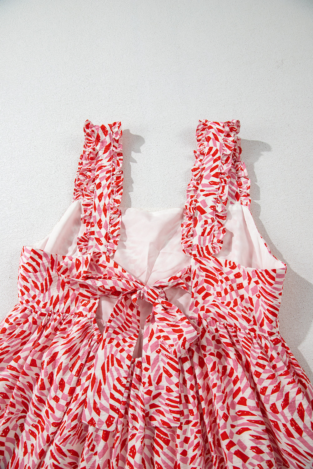 Pink Geometric Print Knot Back Sleeveless Ruffle Hem Dress eAura
