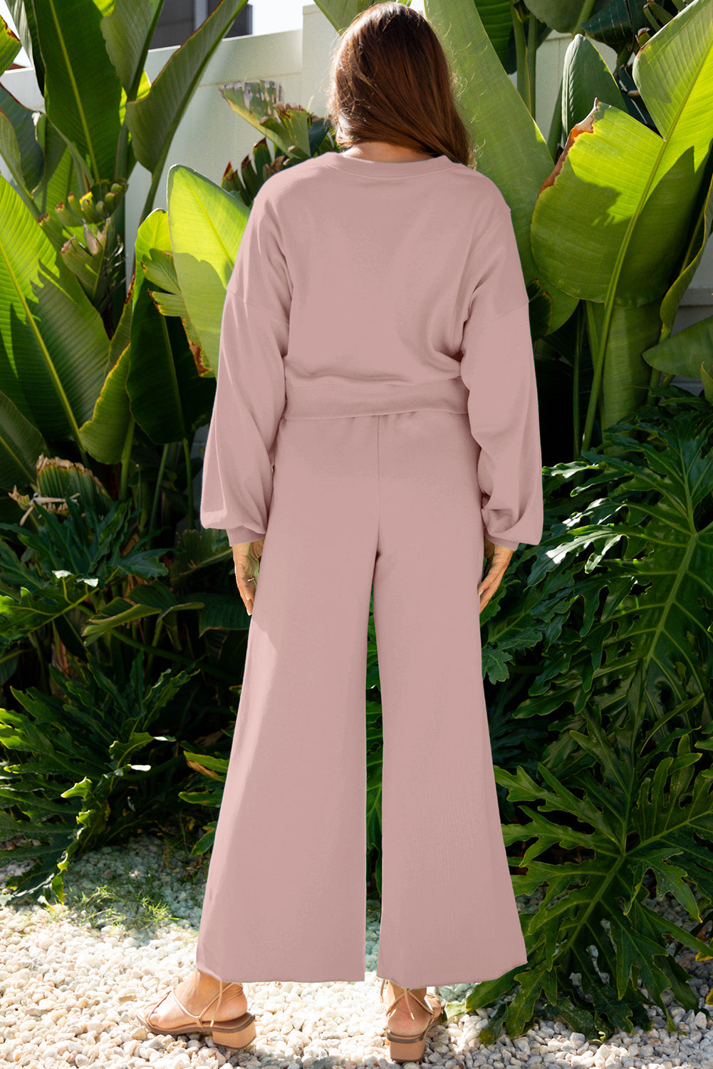 Drop Shoulder Puff Sleeve Crop Pullover and Drawstring Wide Leg Trousers Co-ord Set eAura
