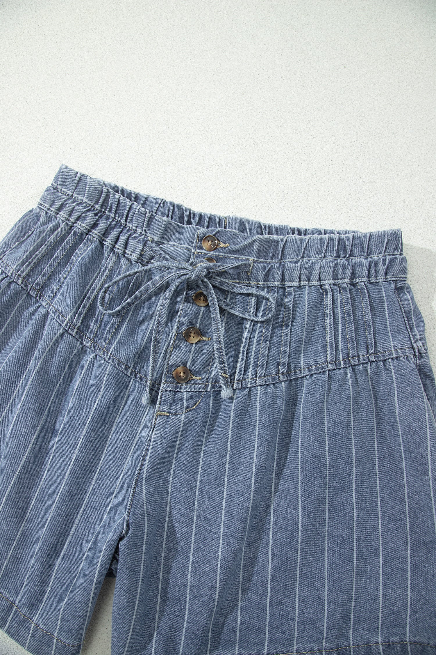 Sky Blue Stripe Drawstring Pleated High Waist Denim Shorts