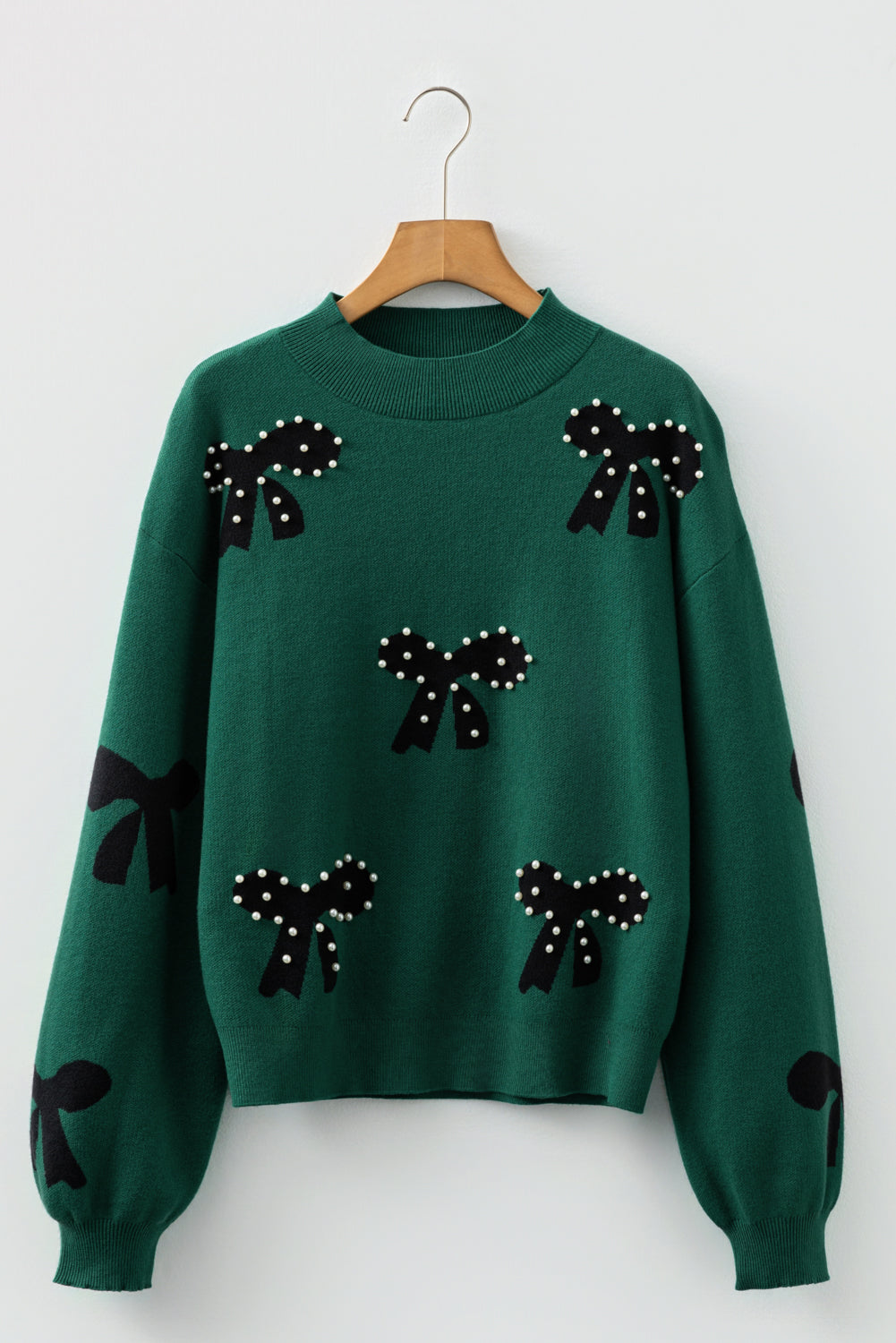 Pearl Embellished Bow Pattern Loose Sweater - eAura