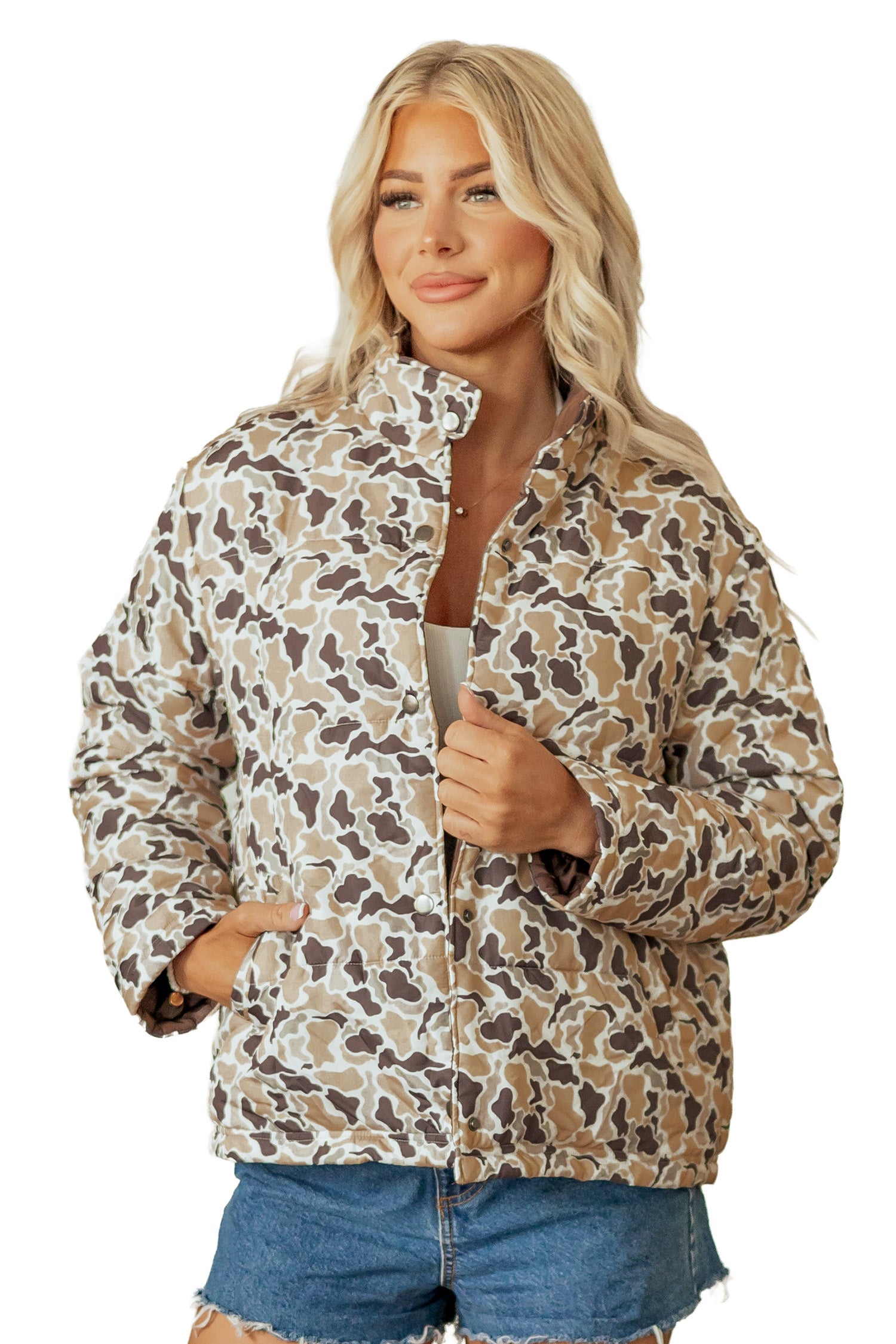 Camouflage Quilted Metal Button Collar Long Sleeve Puffer Coat – Multicolour