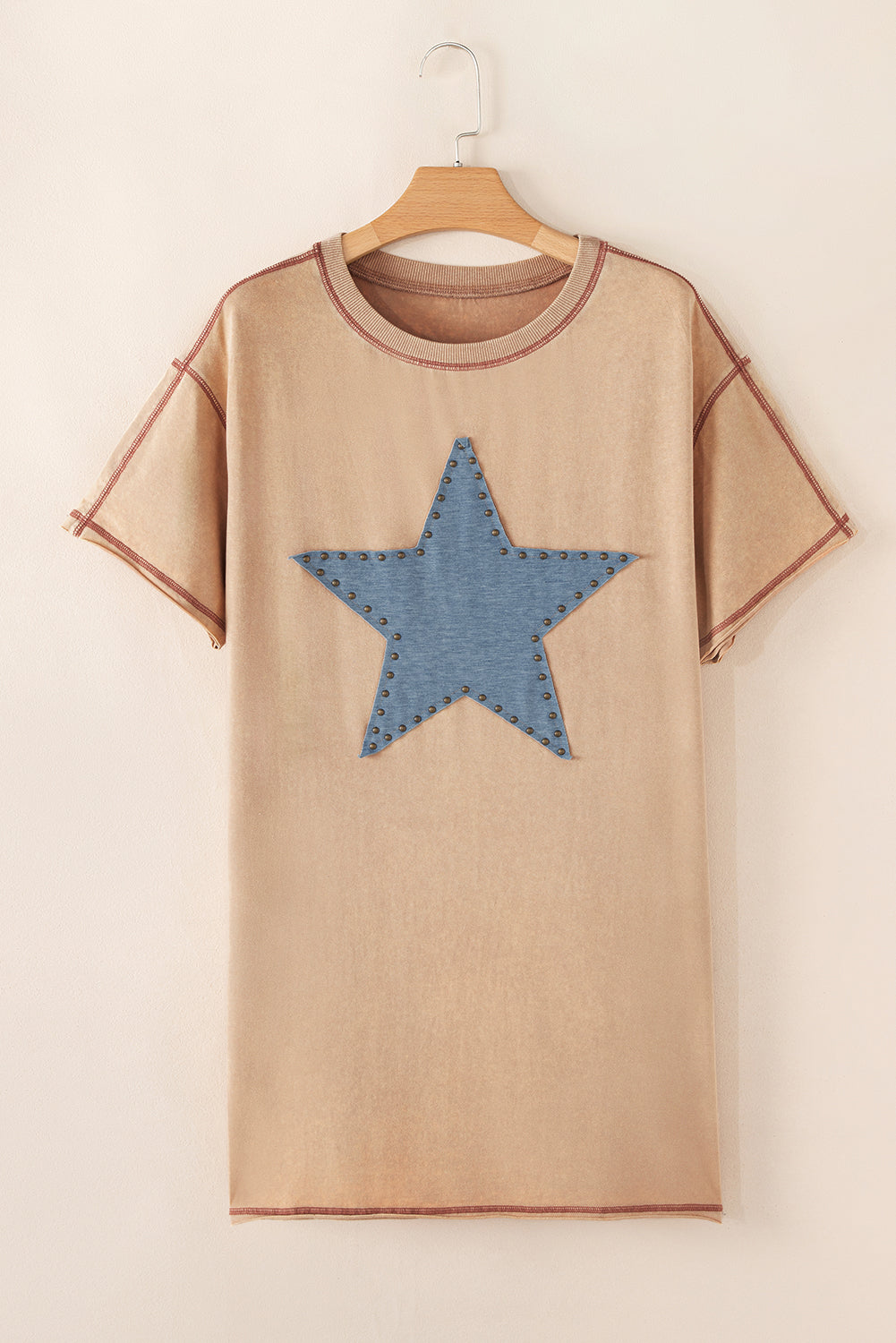 Pale Khaki Mineral Wash Stud Beaded Star Graphic Pocketed T Shirt Dress eAura