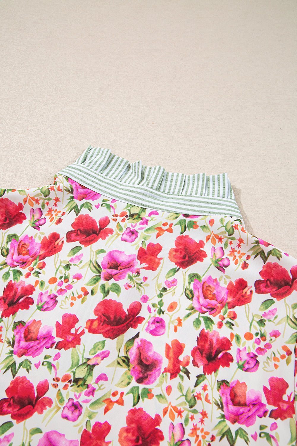 Red Floral Print Striped Patchwork Collared Short Sleeve Blouse eAura