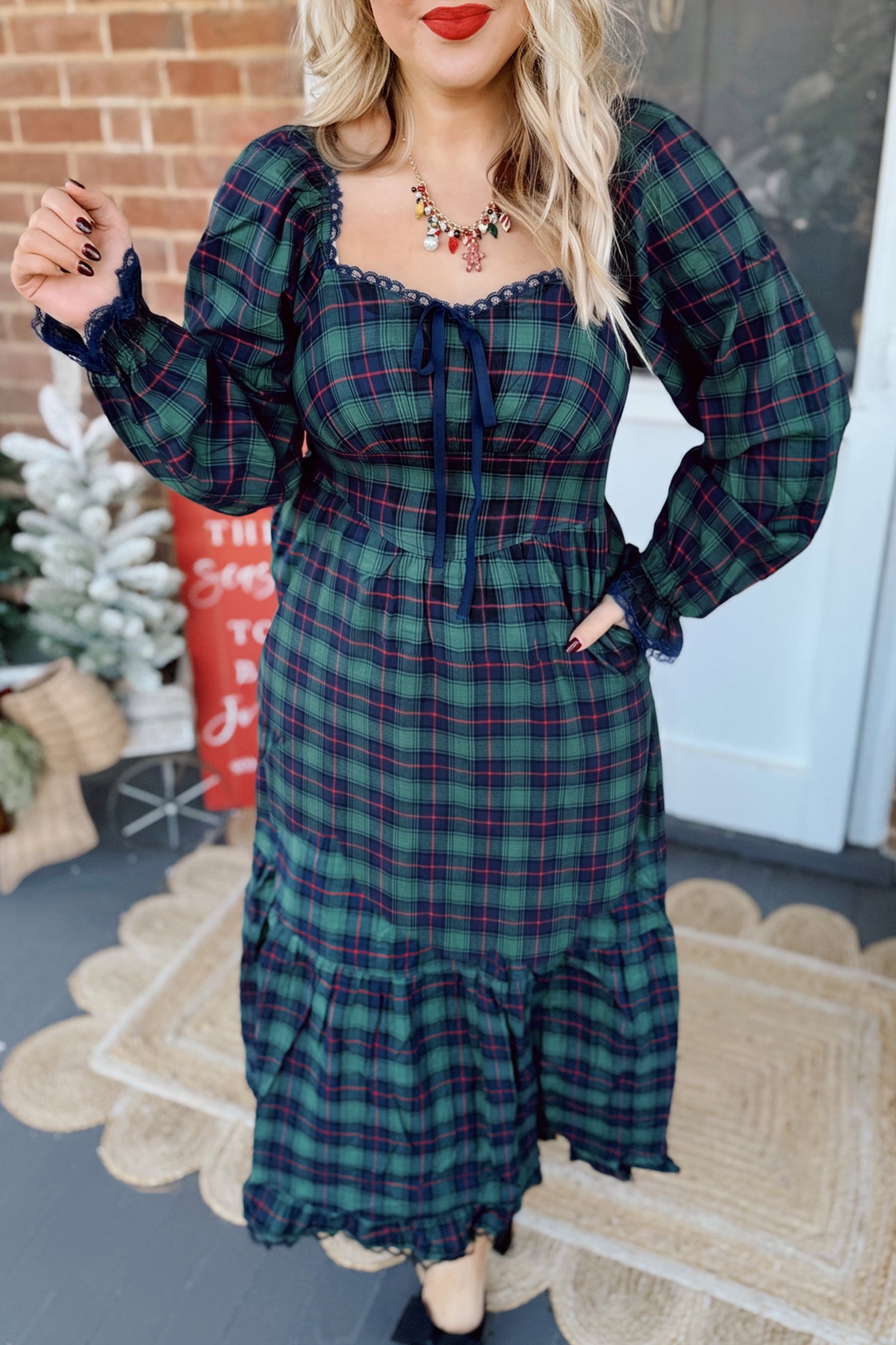 Vintage Plaid Square Neck Lace Trim Long Sleeve Shift Dress – Green