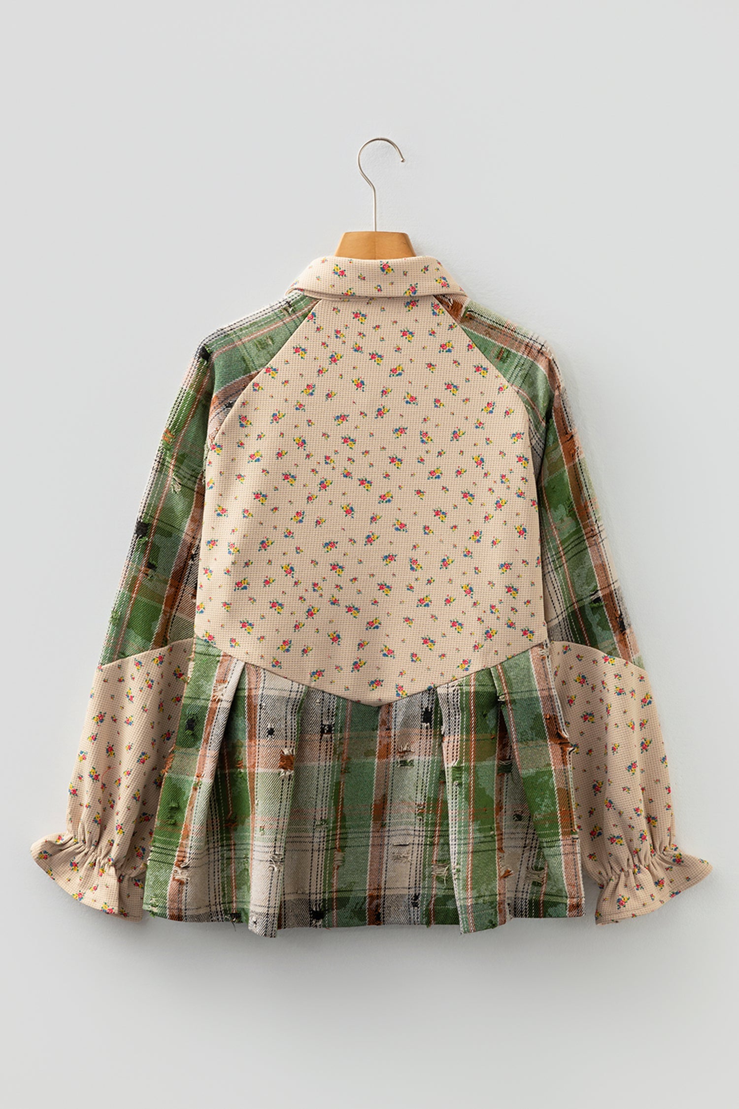 Boho Floral Plaid Patchwork Distressed Detail Ruffled Sleeve Waffle Shacket - Outerwear/Jackets