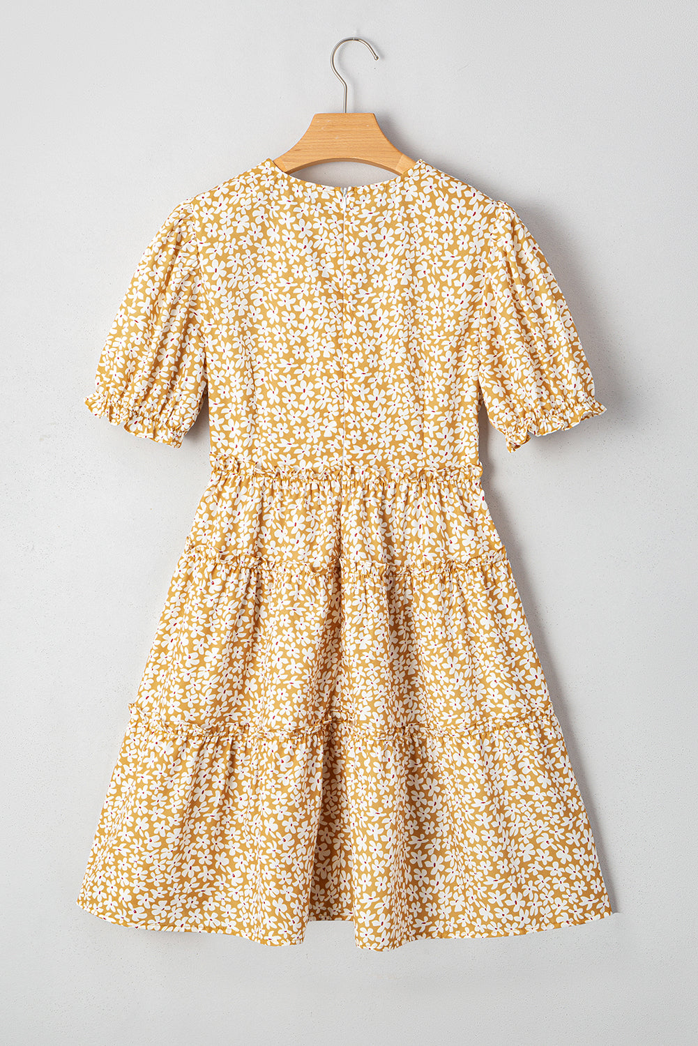 Yellow Floral Short Sleeve V Neck Frilly Tiered Mini Dress eAura