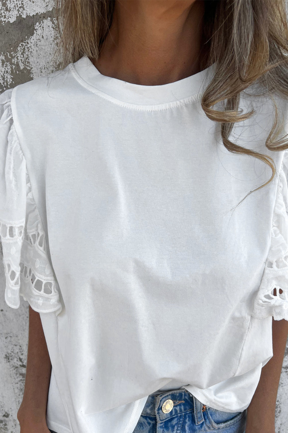 White Hollow Out Embroidered Short Sleeve O Neck Top eAura