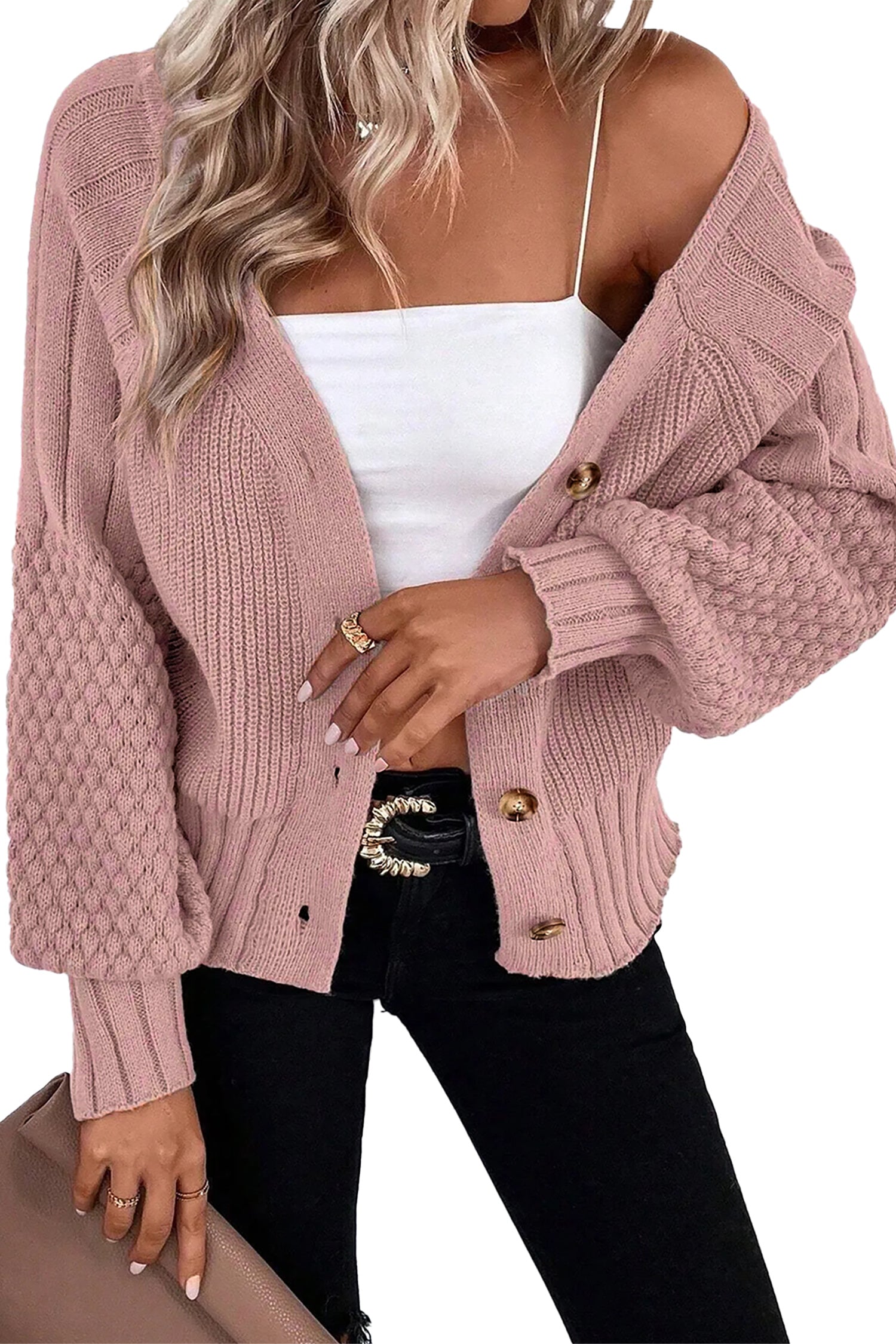 Mixed Texture Cardigan With Buttons - V-Neck