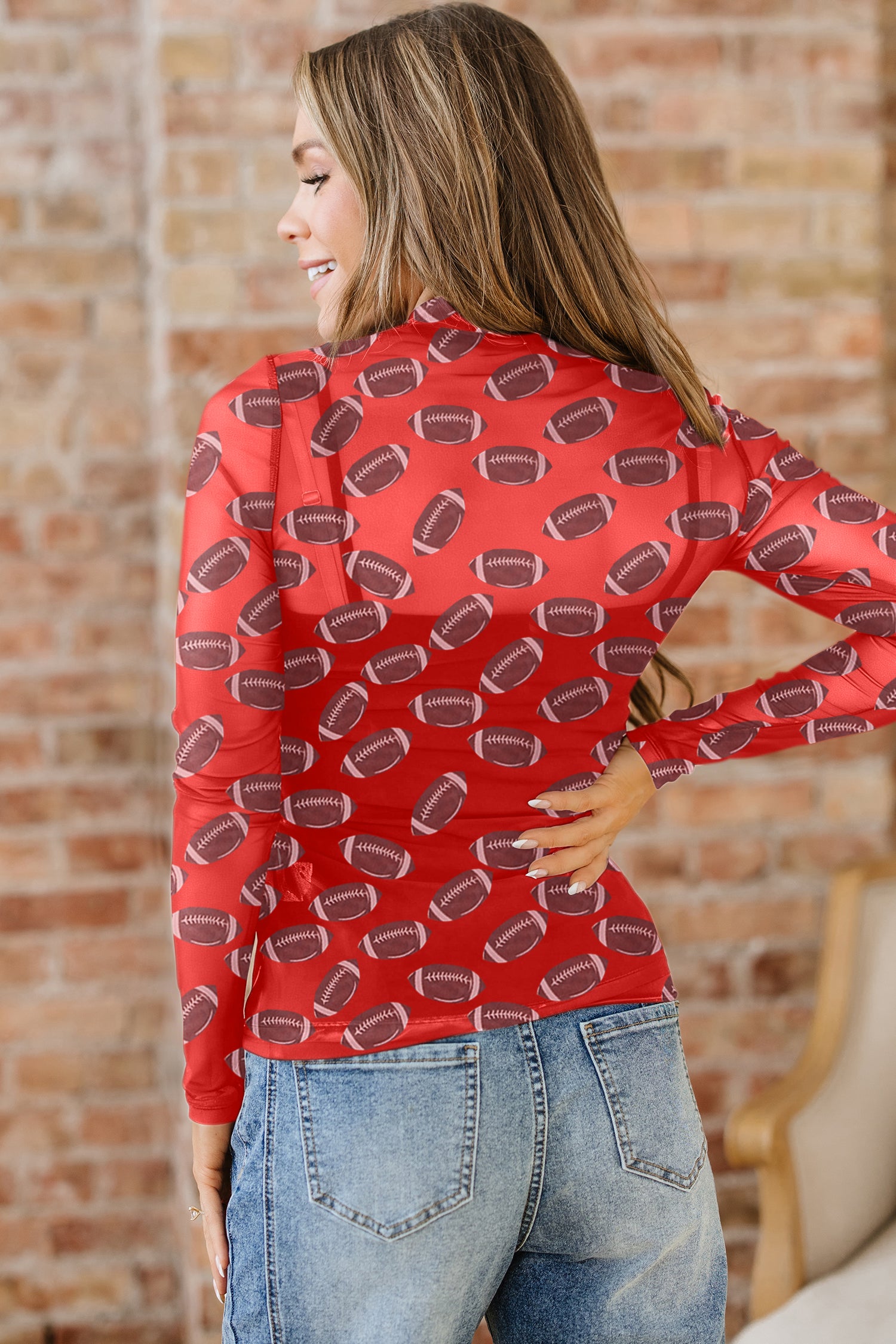 Brown Game Day American Football Mesh Sheer Long Sleeve Top - Tops/Long Tops