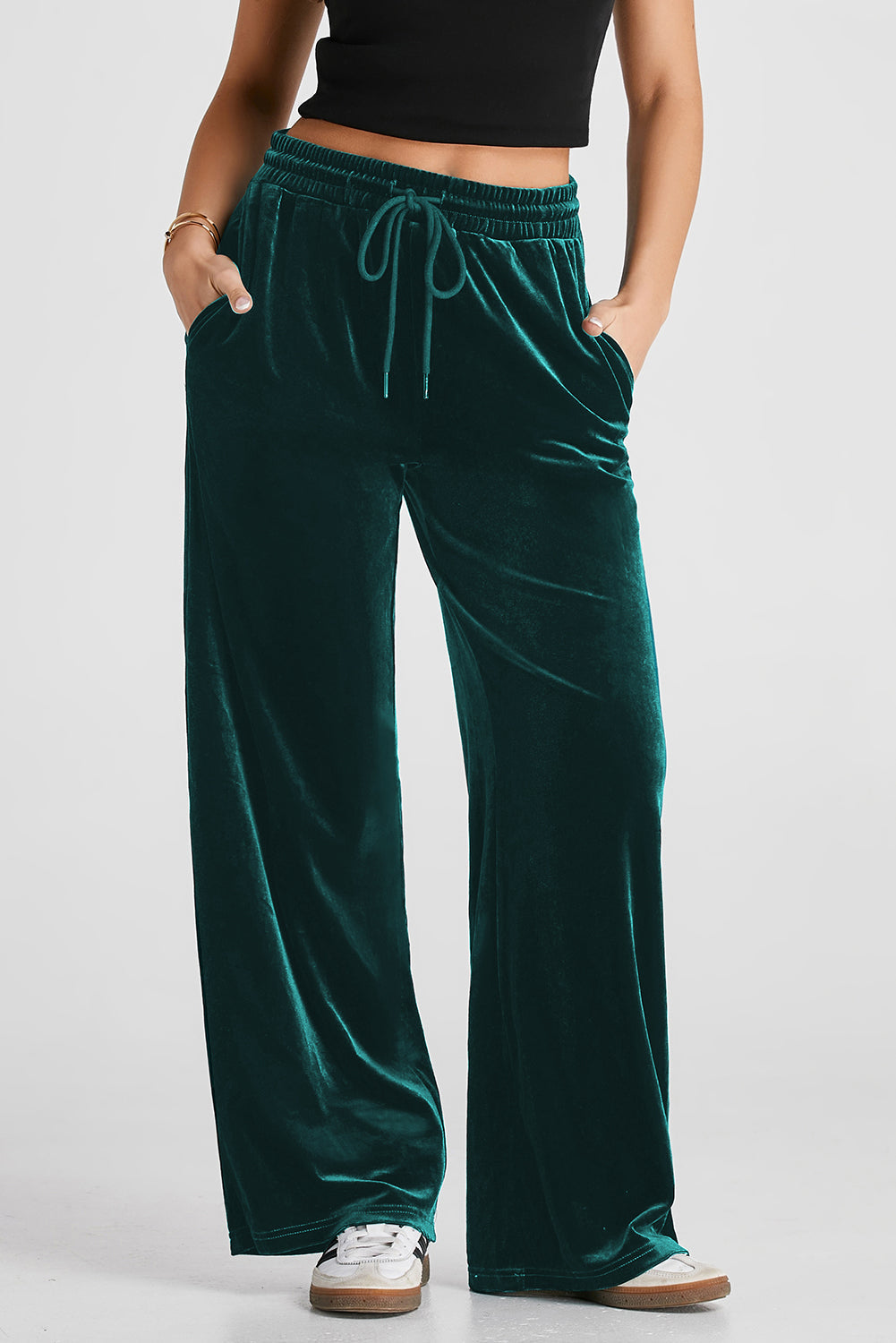Evergreen Solid Drawstring Waist Wide Leg Pants Beagle Boutique Fashion Outlet