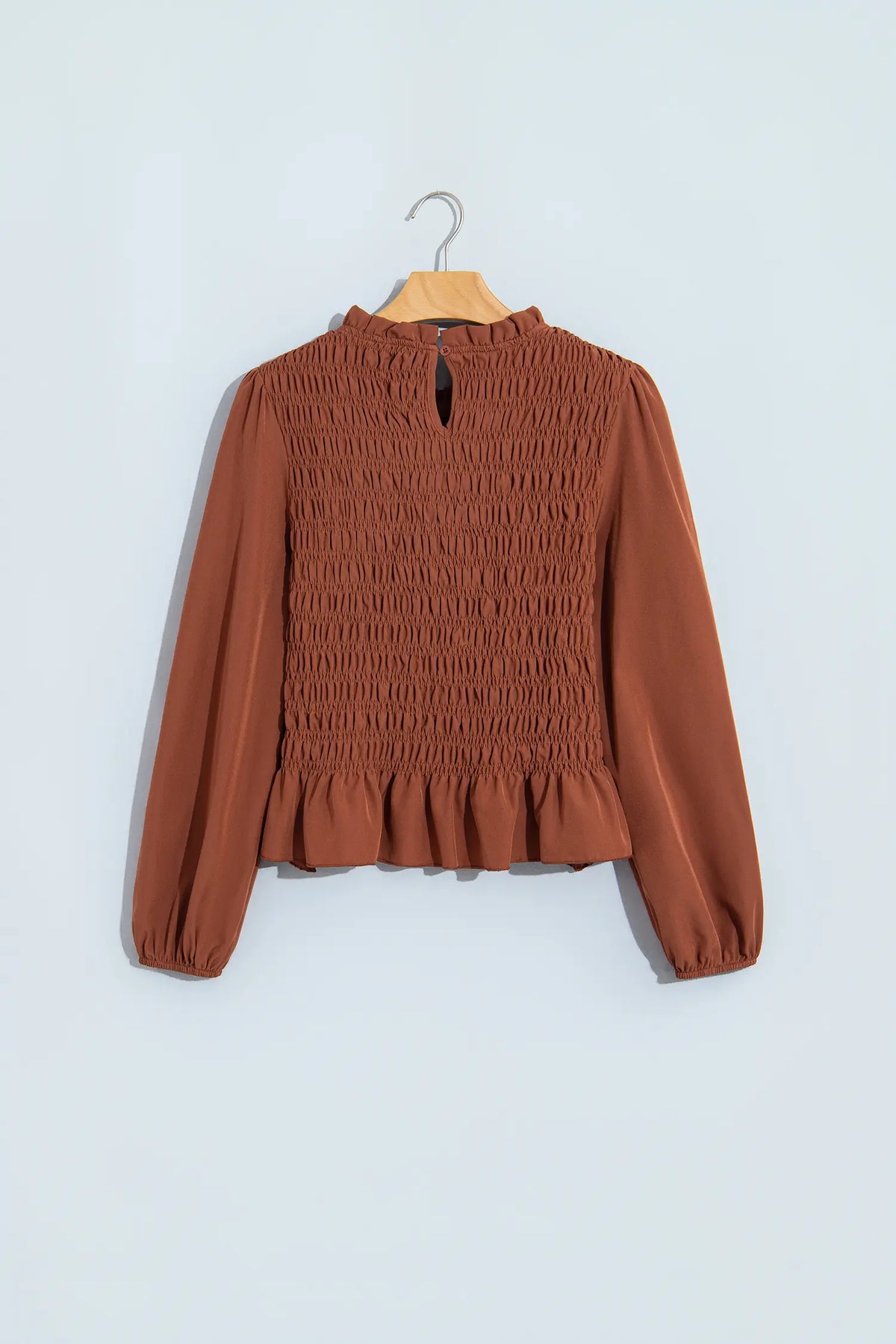 Solid Colour Smocked Ruffle Hem Long Sleeve Blouse – Bright Green