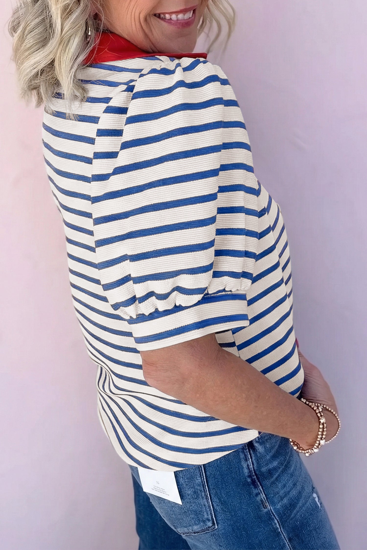 Short Puff Sleeve Color Block Polo Collar Blouse – Pink Stripe