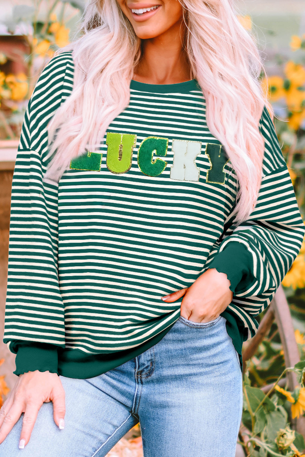 Green Stripe Chenille LUCKY Patched Pattern St Patrick Long Sleeve Top eAura