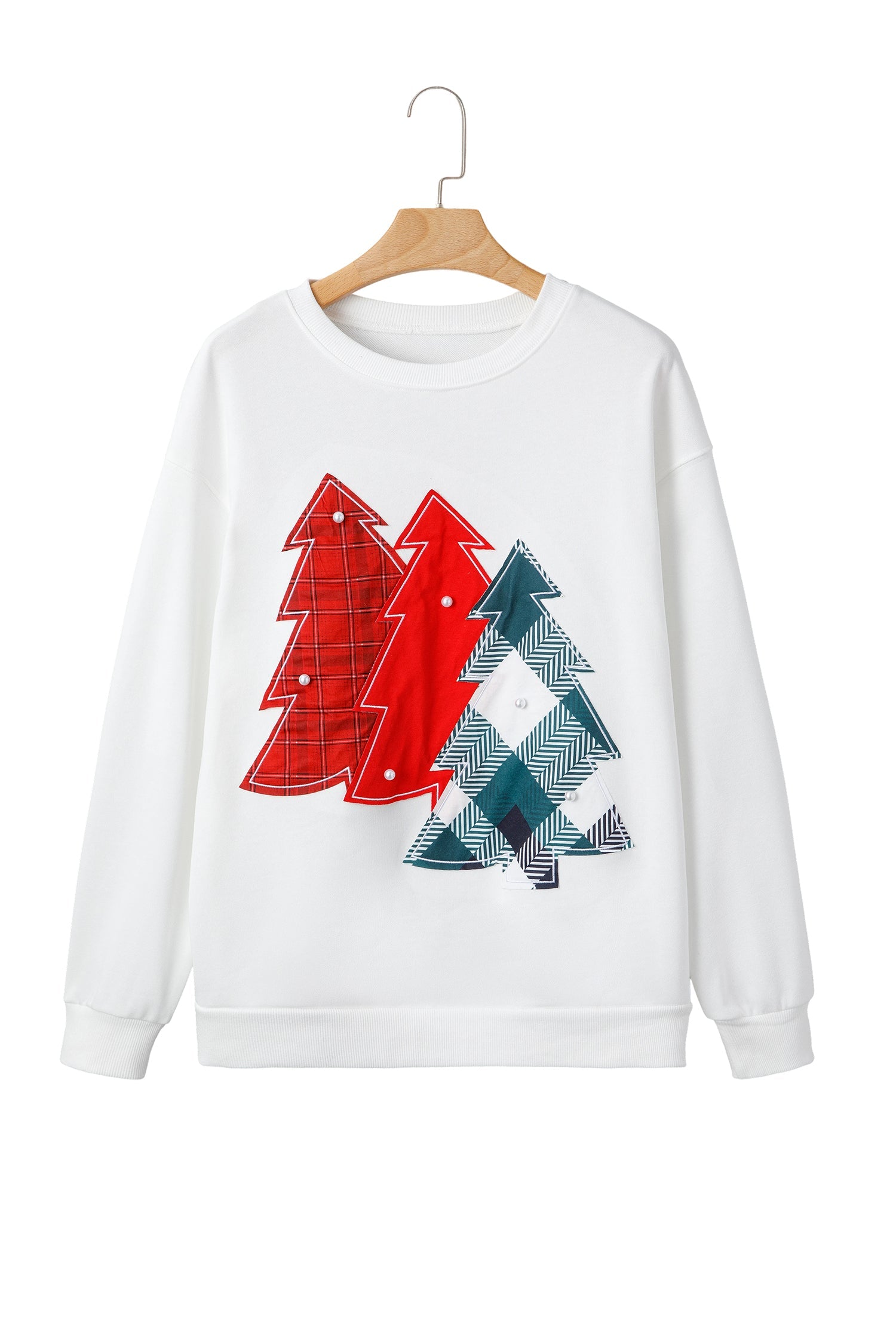 Pearl Plaid Christmas Tree Patched Drop Shoulder Sweatshirt - eAura