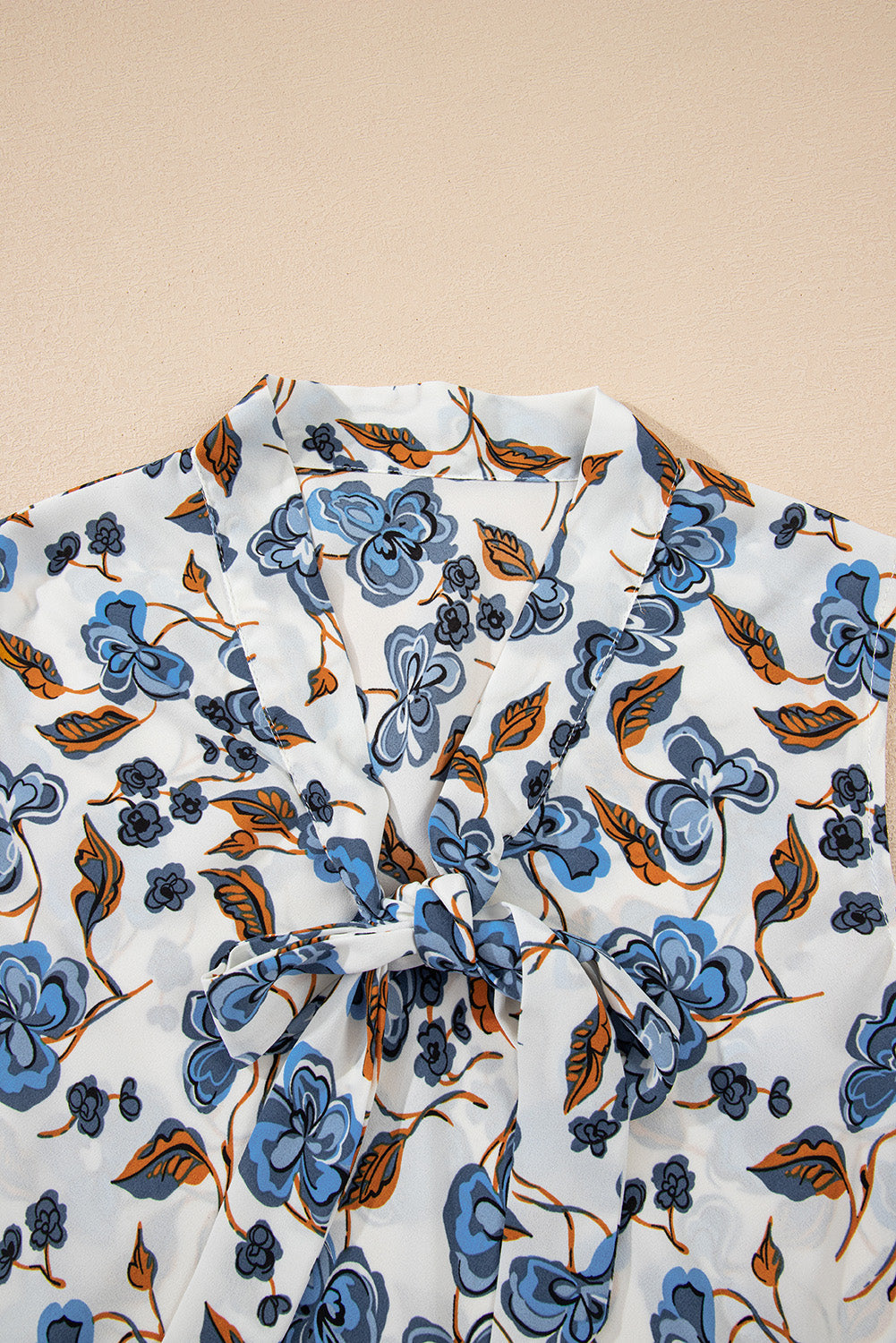 Sky Blue Floral Print Knotted V Neck Elegant Tank Top eAura