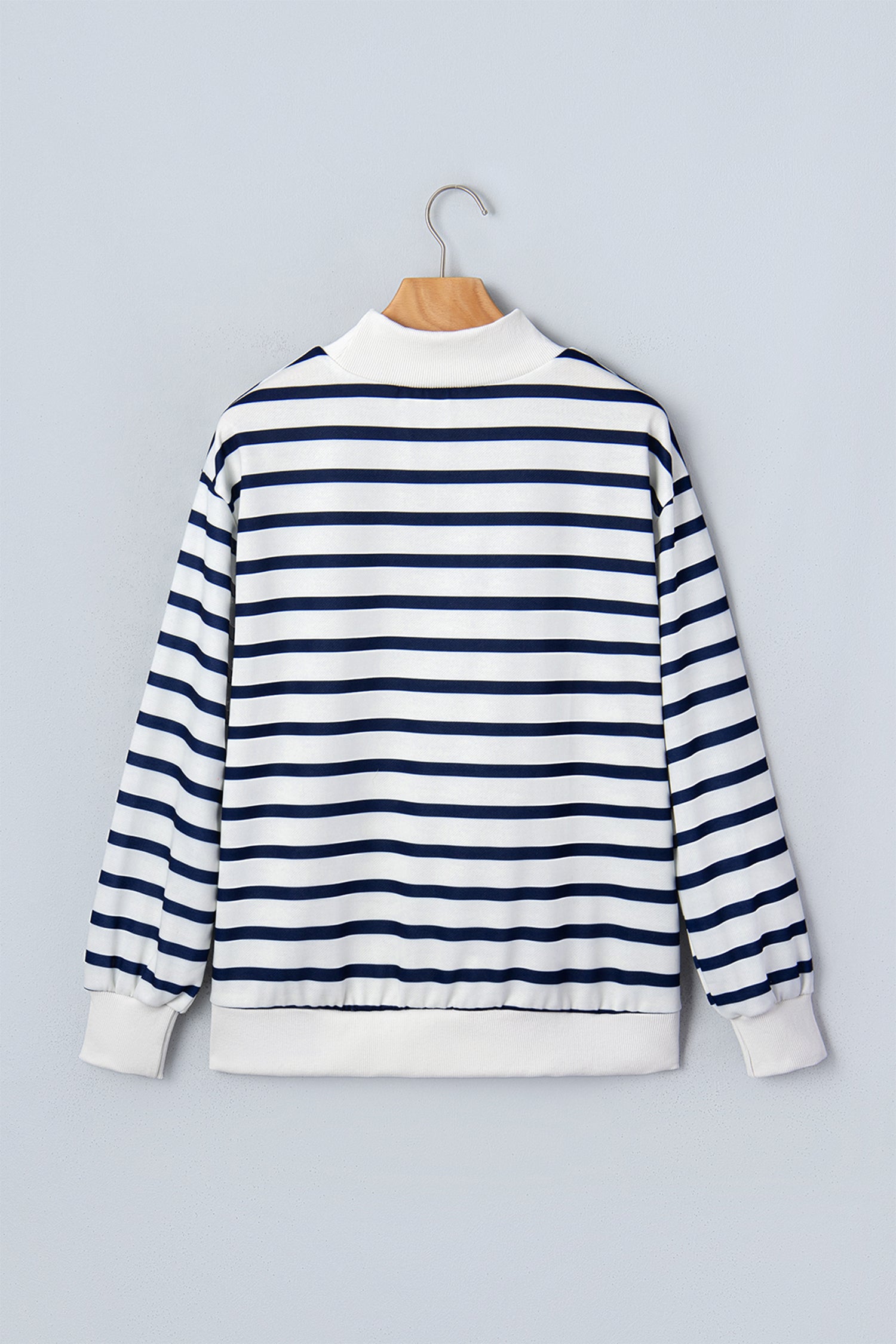 Striped Stand Neck Long Sleeve Ribbed Cuff Hem Sweatshirt – Blue Stripe