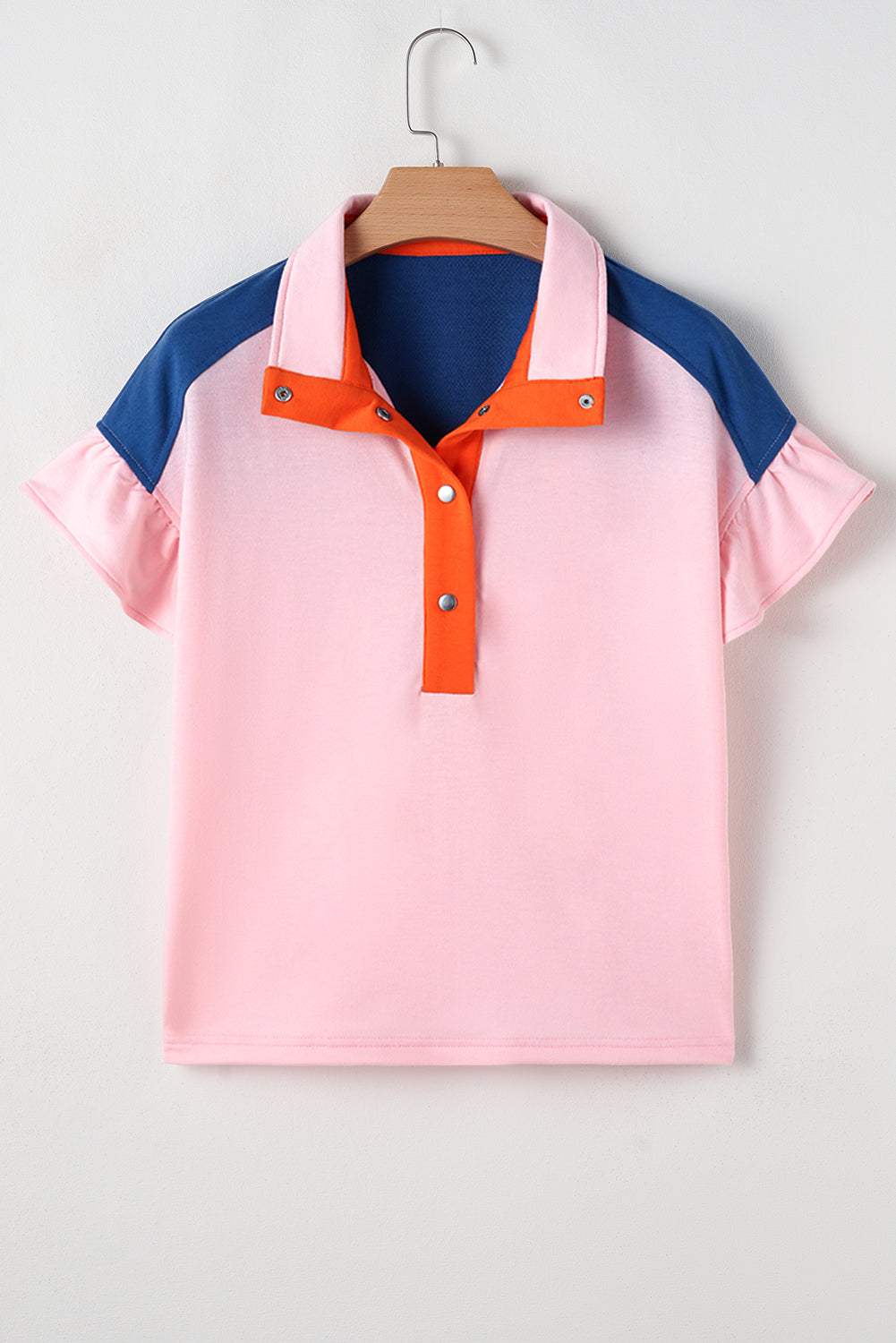 Gossamer Pink Colour Block Half Buttoned Ruffled Short Sleeve T Shirt eAura
