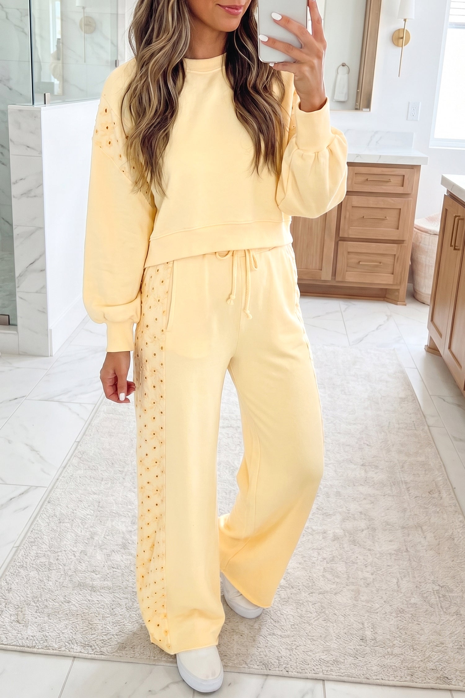Eyelet Embroidered Lace Patchwork Cropped Pullover Drawstring Pants Set – Yellow Cream