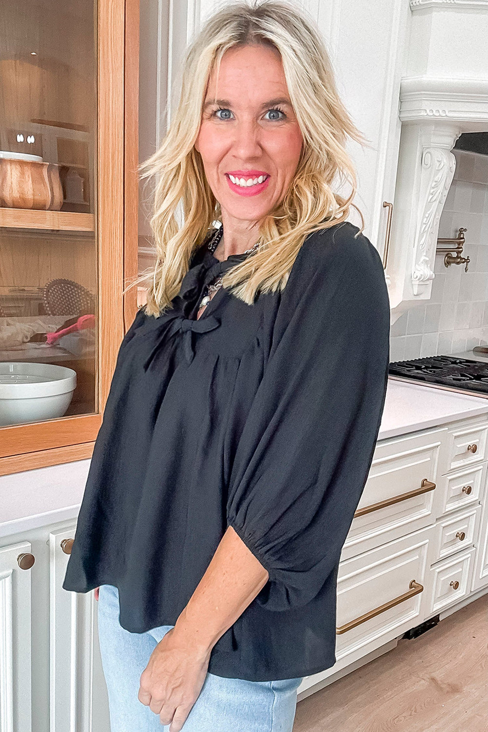 Black Bow Tie Neck 3/4 Sleeve Casual Blouse - Tops/Blouses & Shirts