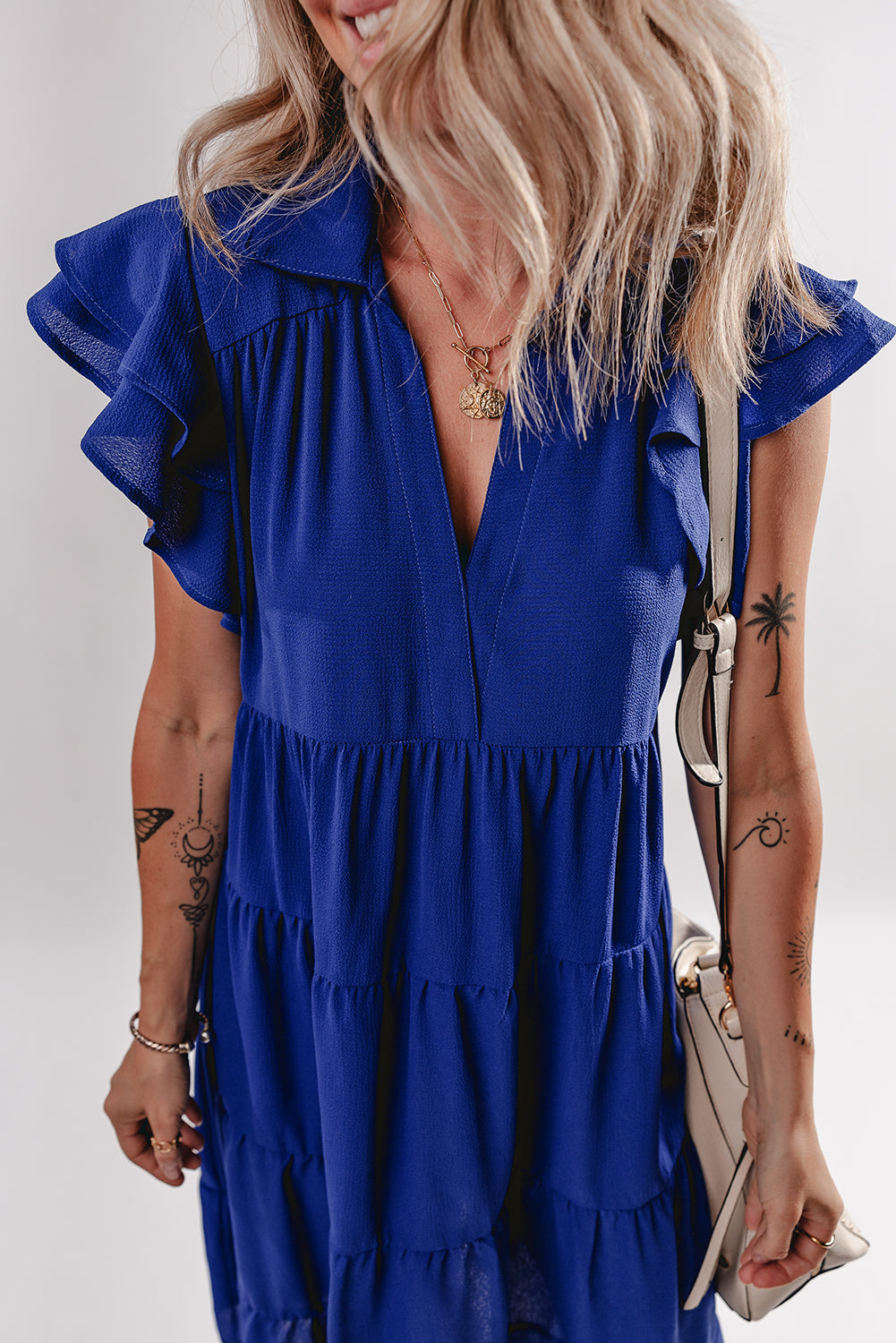 Bluing Ruffled Short Sleeve Collared V Neck Tiered Midi Dress eAura