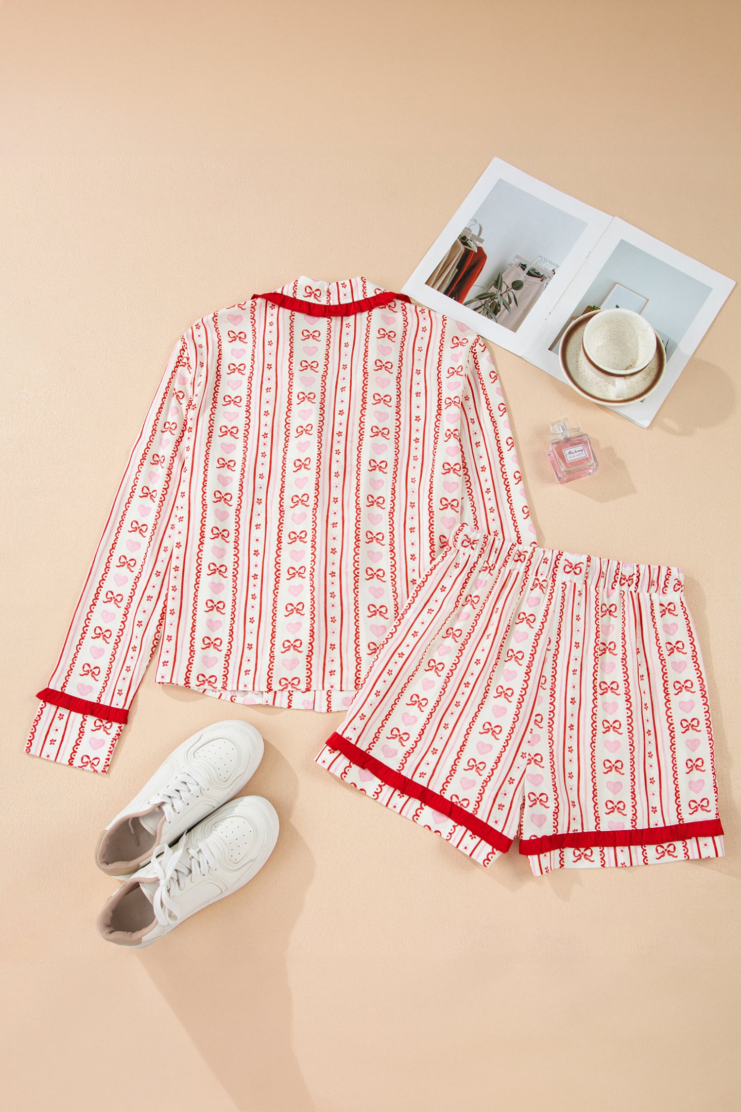 Sweet Floral Heart Bow Print Contrast Trim Long Sleeve Shirt Pajama Short Set – Red