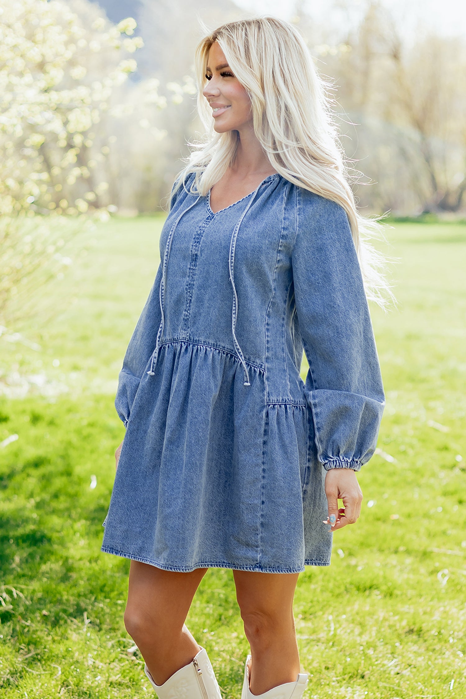 Puff Sleeve Ruffled Denim Mini Dress – Blue