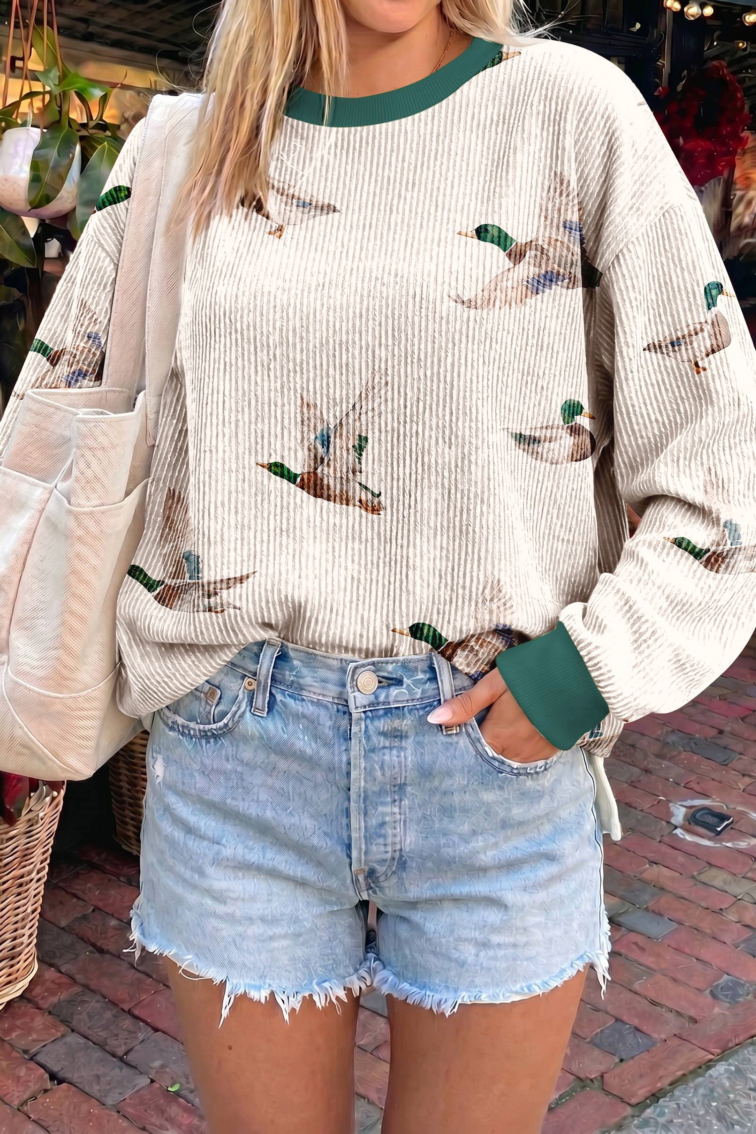 Twisted Ribbed Duck Print Crewneck Casual Pullover Top – Beige