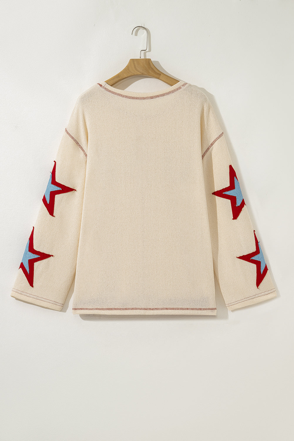 Beige USA Star Contrast Patchwork Exposed Seam Long Sleeve Top - eAura
