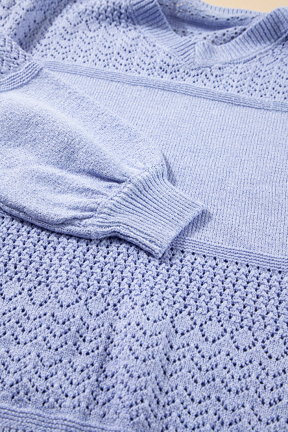 Sky Blue Eyelet Pattern Detail V Neck Drop Shoulder Sweater eAura