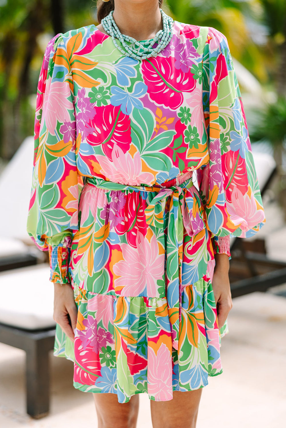 Green MultiColour Botanical Bubble Sleeve Mini Dress eAura