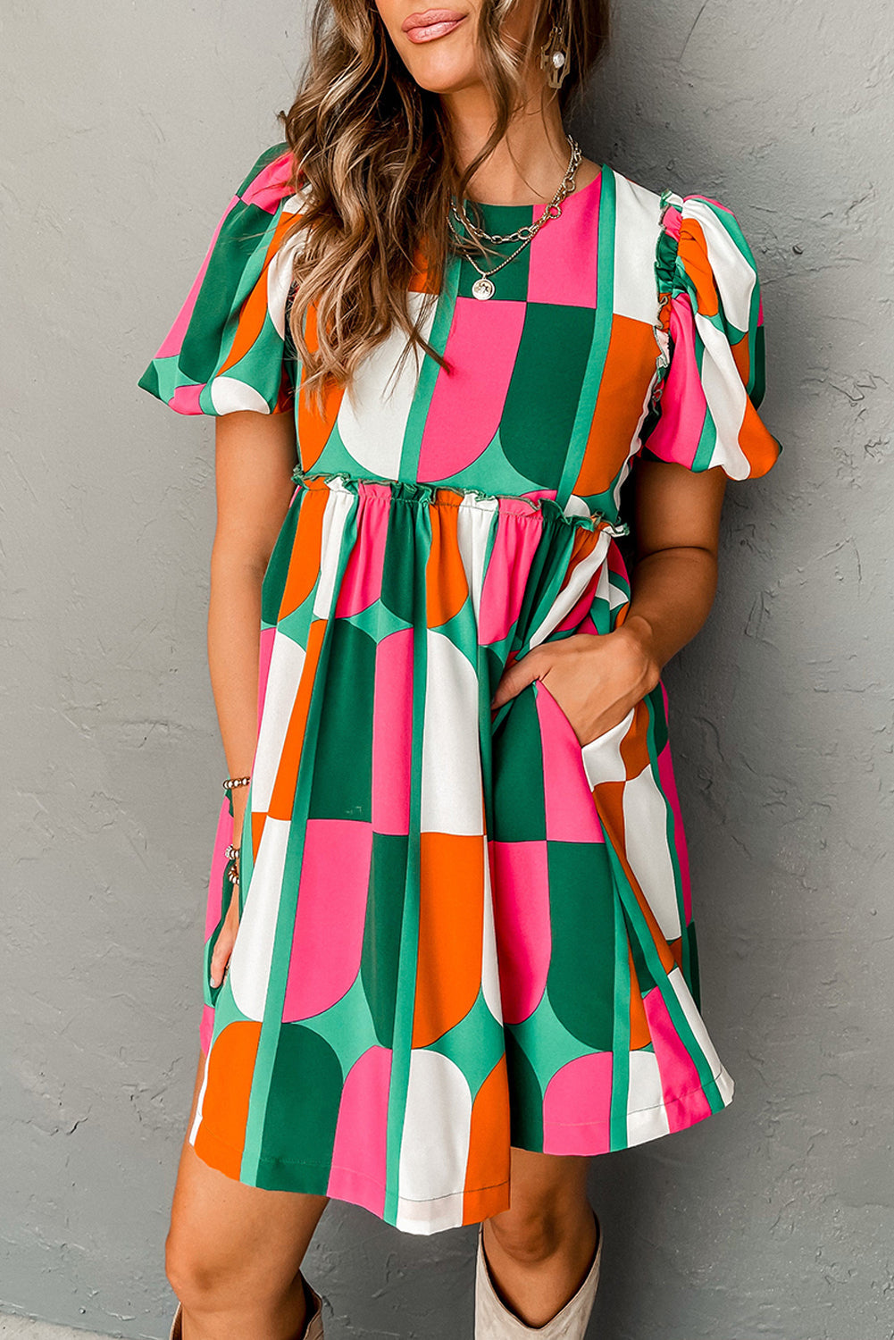 Green Abstract Print Puff Sleeve Short Dress eAura