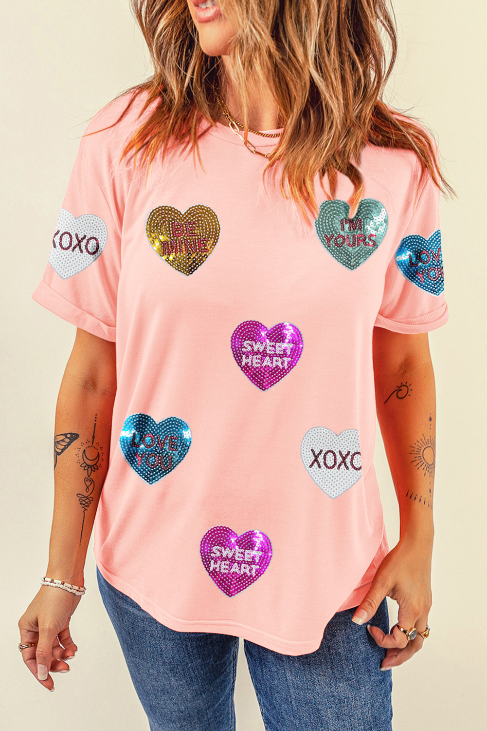 Pink Sequin Valentines Lettering Heart Patched Crewneck T Shirt eAura